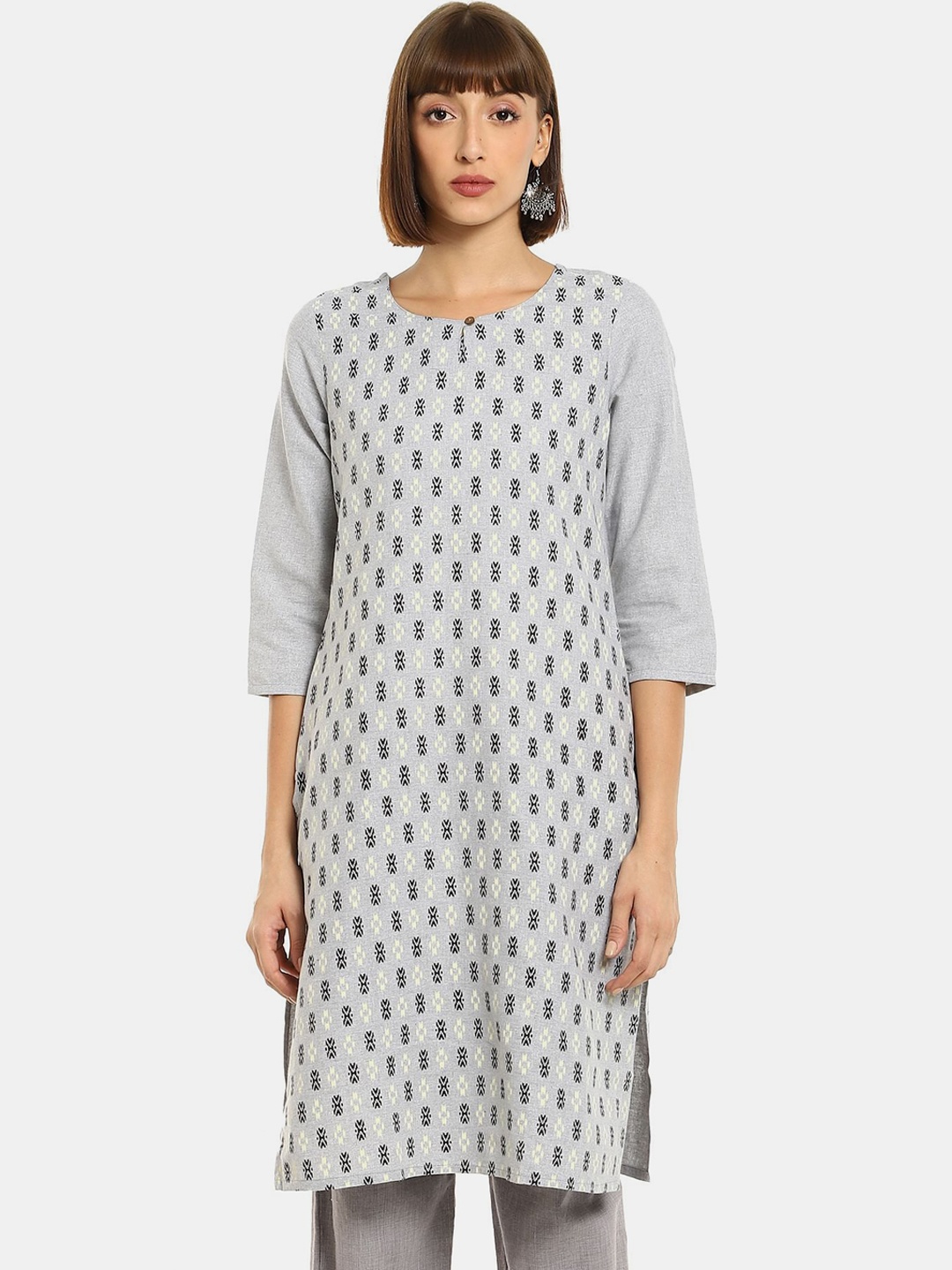 

Karigari Women Grey & Black Geometric Printed Cotton Kurta