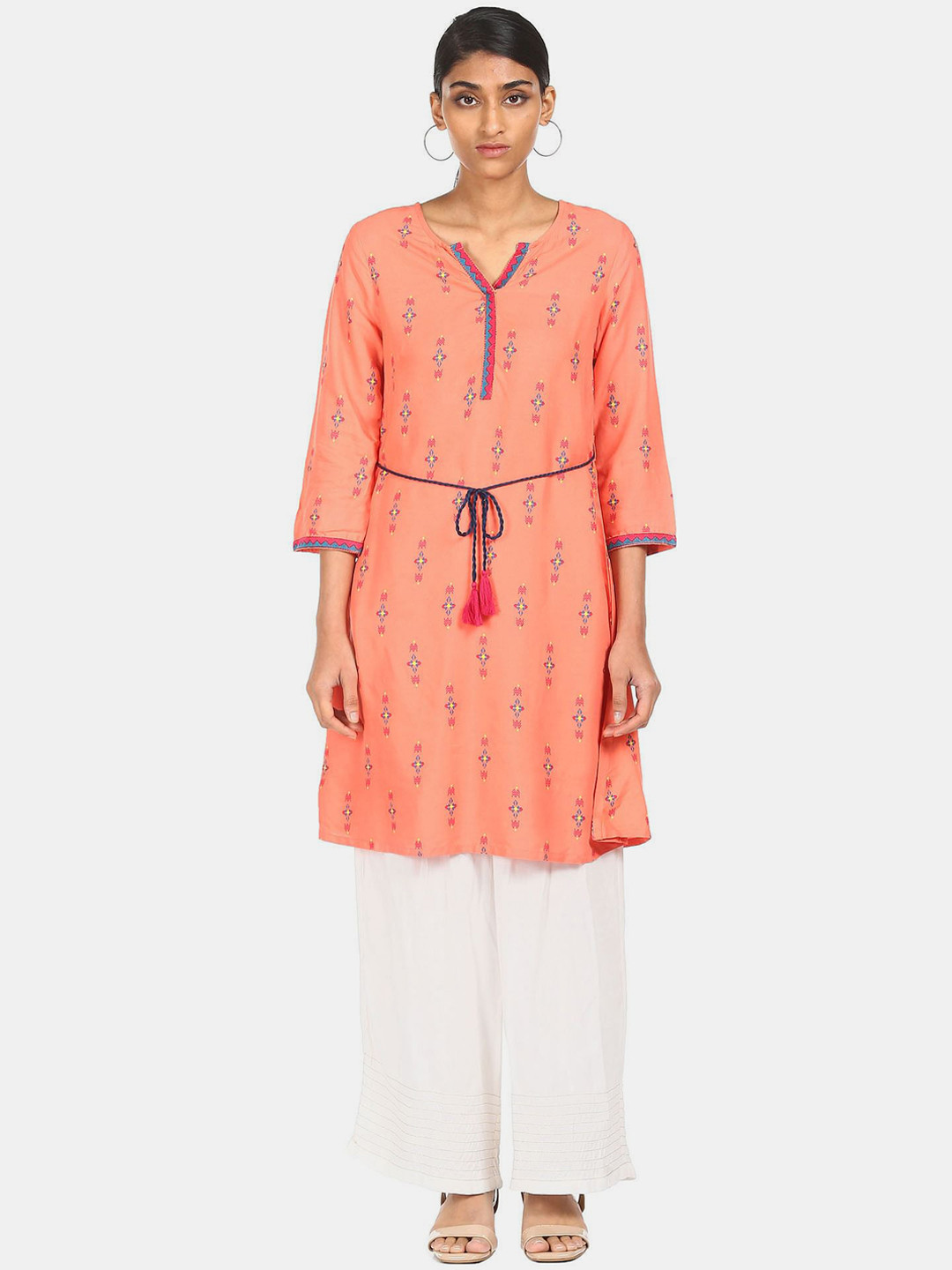 

Karigari Women Coral & Blue Ethnic Motifs Printed Kurta