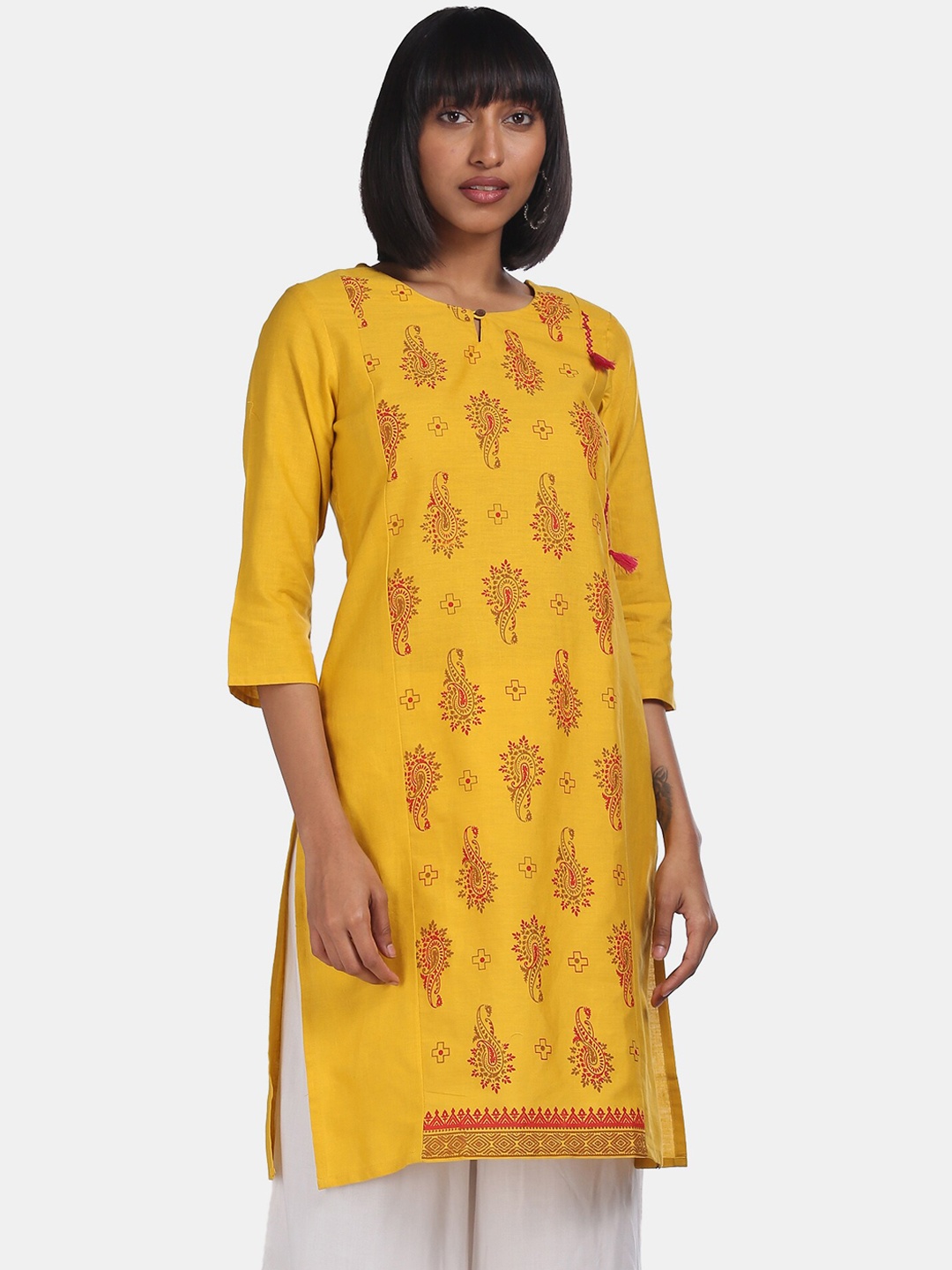 

Karigari Women Yellow & Brown Ethnic Motifs Printed Cotton Keyhole Neck Kurta