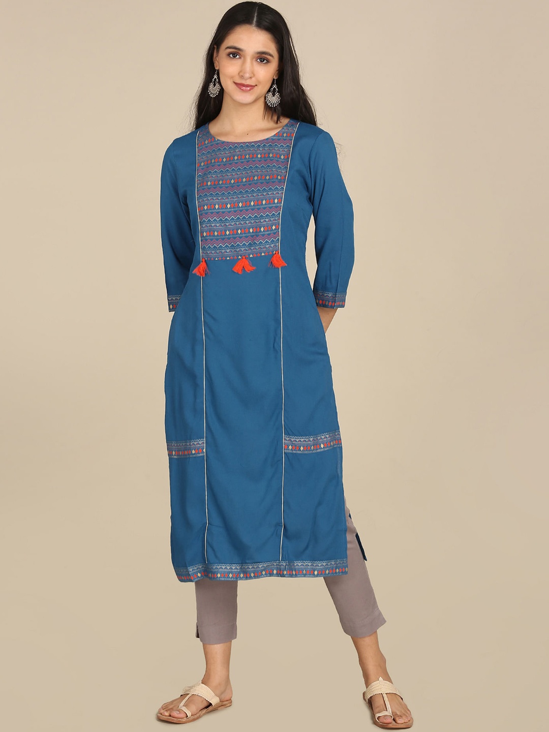 

Karigari Women Blue & Red Geometric Yoke Design Cotton Kurta
