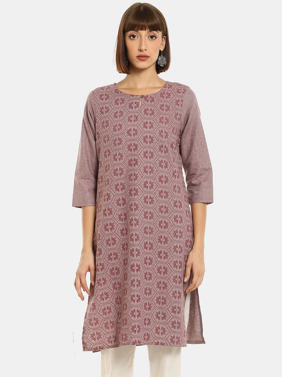 

Karigari Women Brown & Charcoal Grey Ethnic Motifs Printed Keyhole Neck Cotton Kurta