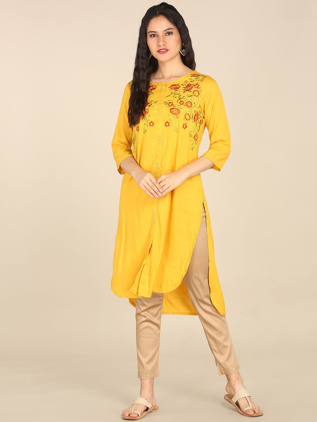 

Karigari Women Yellow & Red Floral Embroidered High Low Hem Kurta
