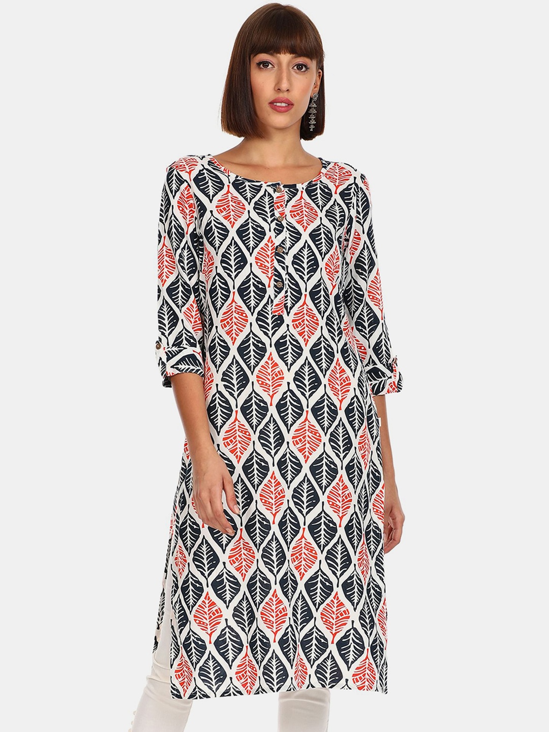 

Karigari Women Black & Orange Floral Printed Kurta