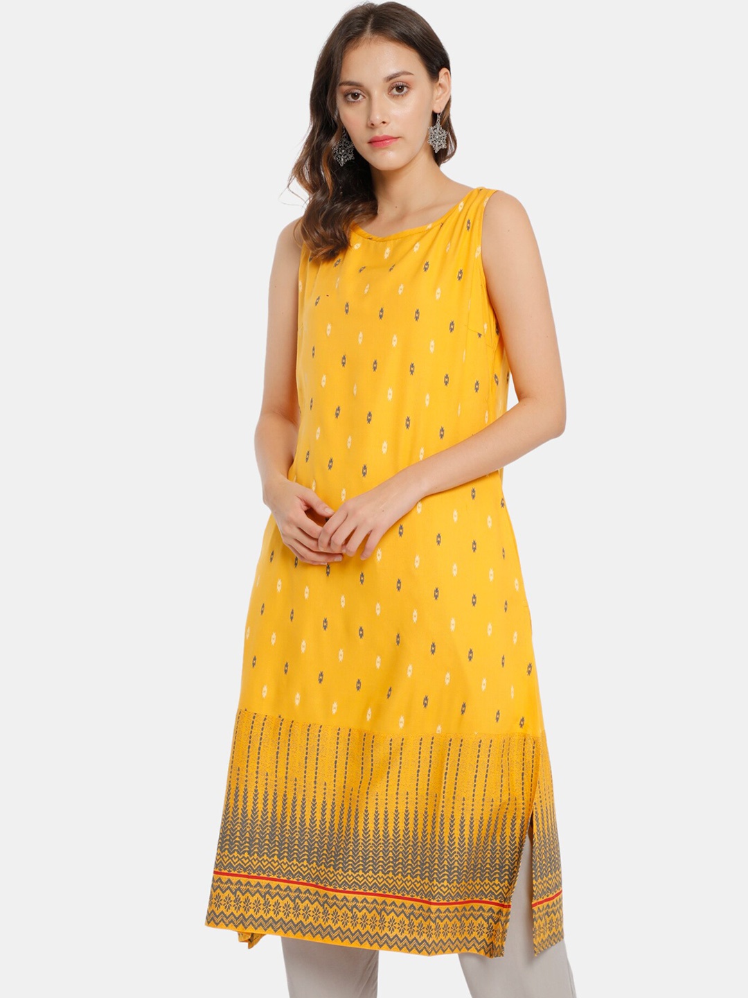

Karigari Women Yellow & Blue Ethnic Motifs Cotton Printed Kurta