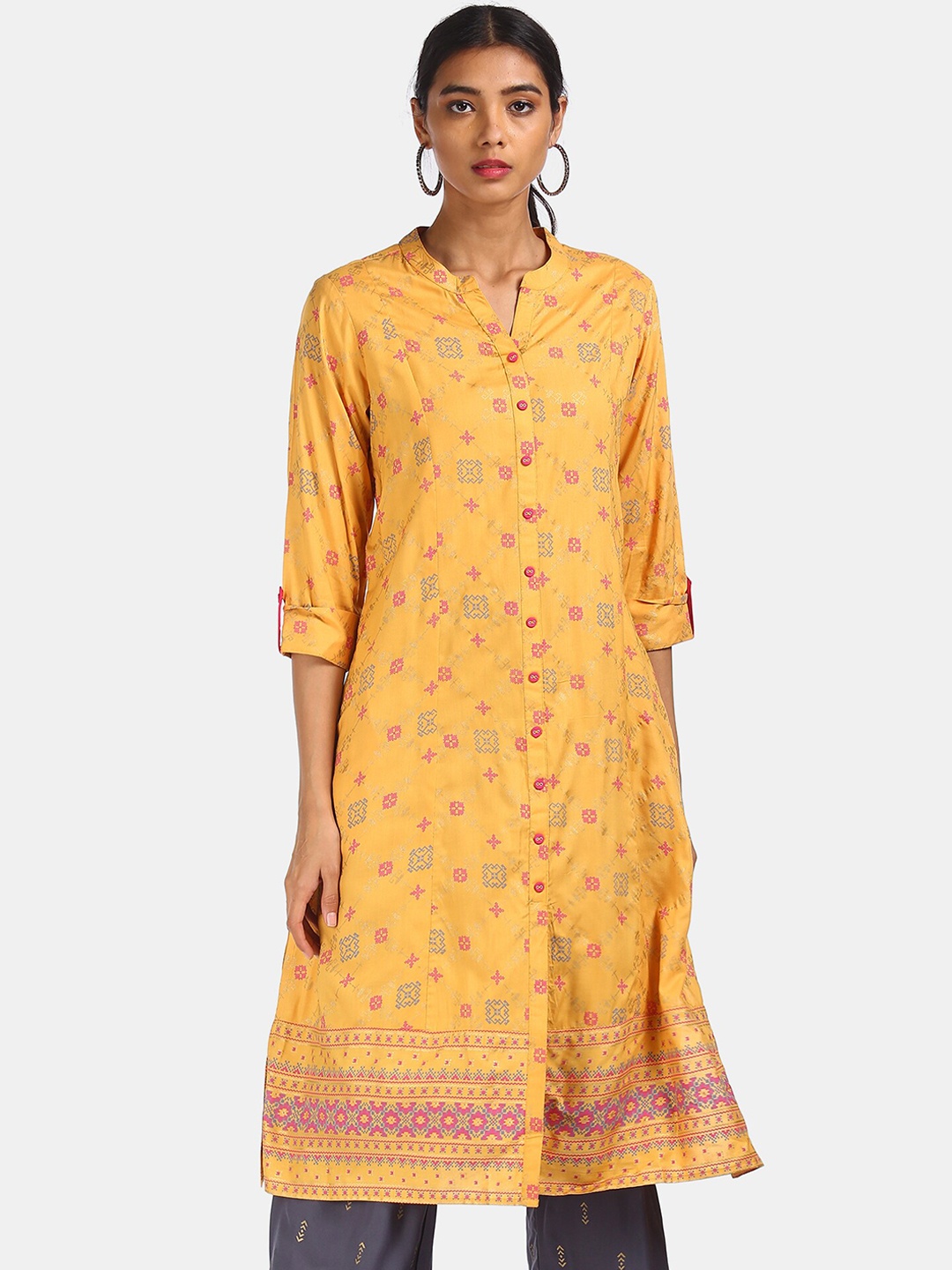 

Karigari Women Yellow & Pink Ethnic Motifs Printed Kurta