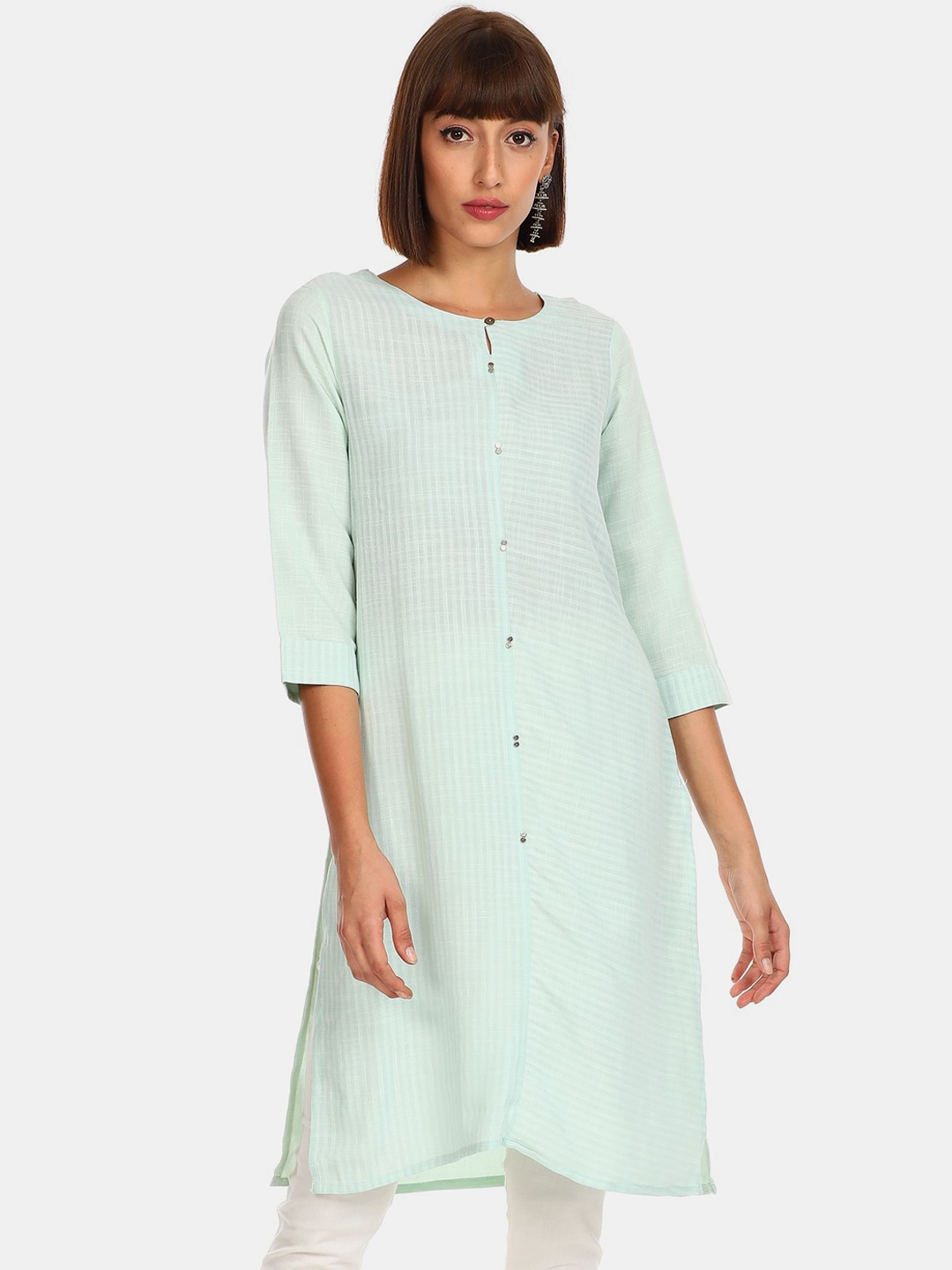 

Karigari Women Green & White Striped Kurta