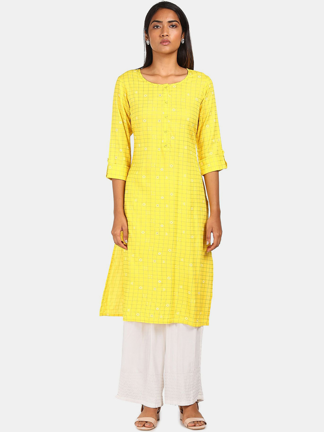 

Karigari Women Yellow & White Checked Kurta