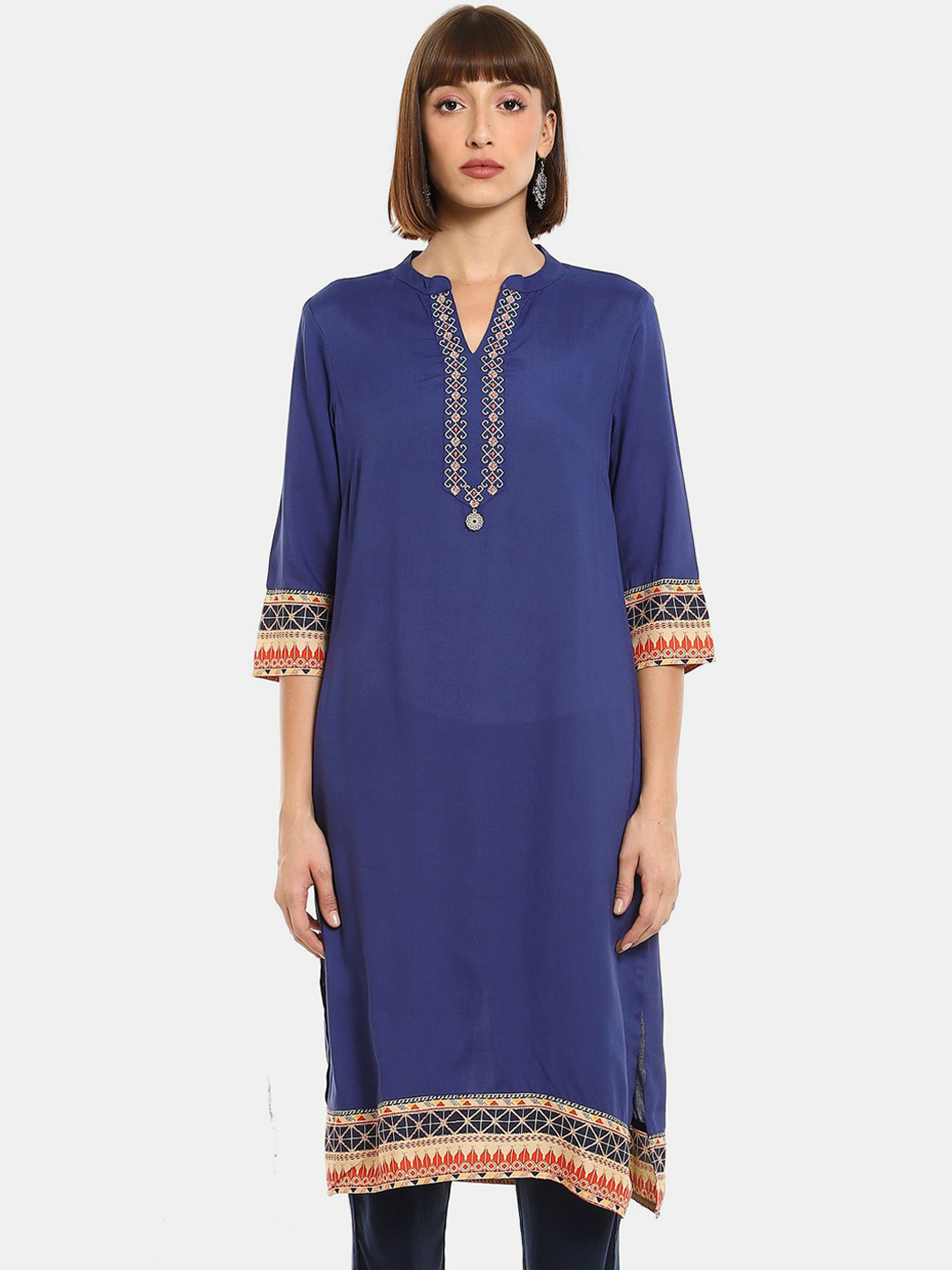 

Karigari Women Blue & Beige Embroidered Kurta