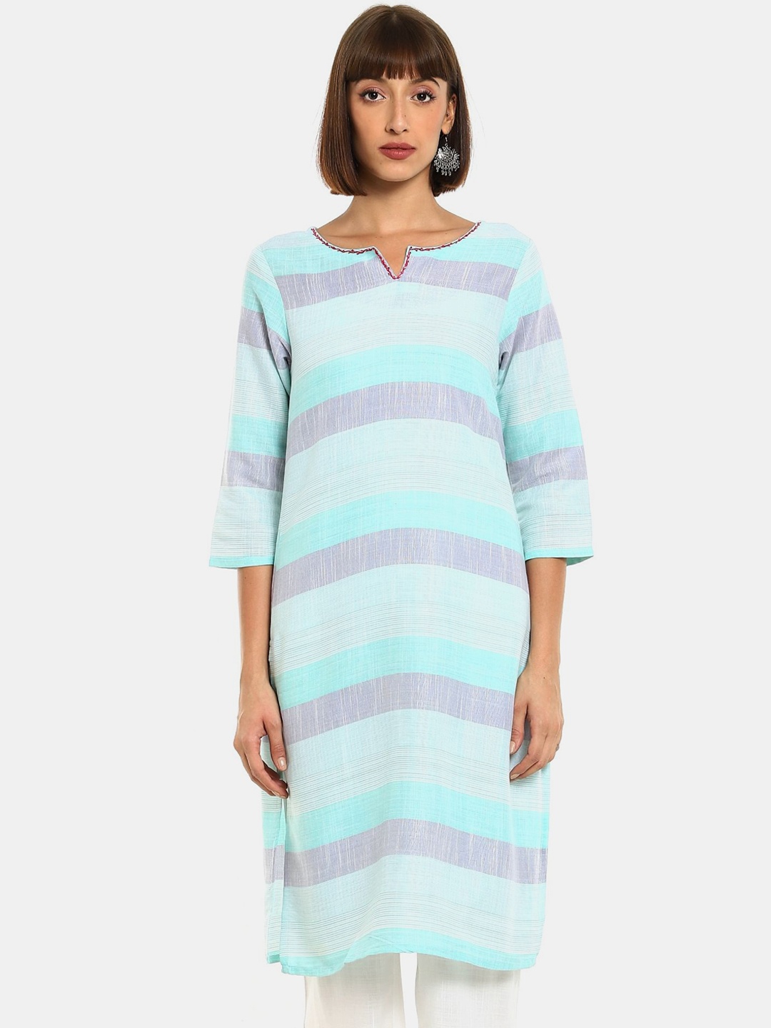 

Karigari Women Sea Green Striped Kurta