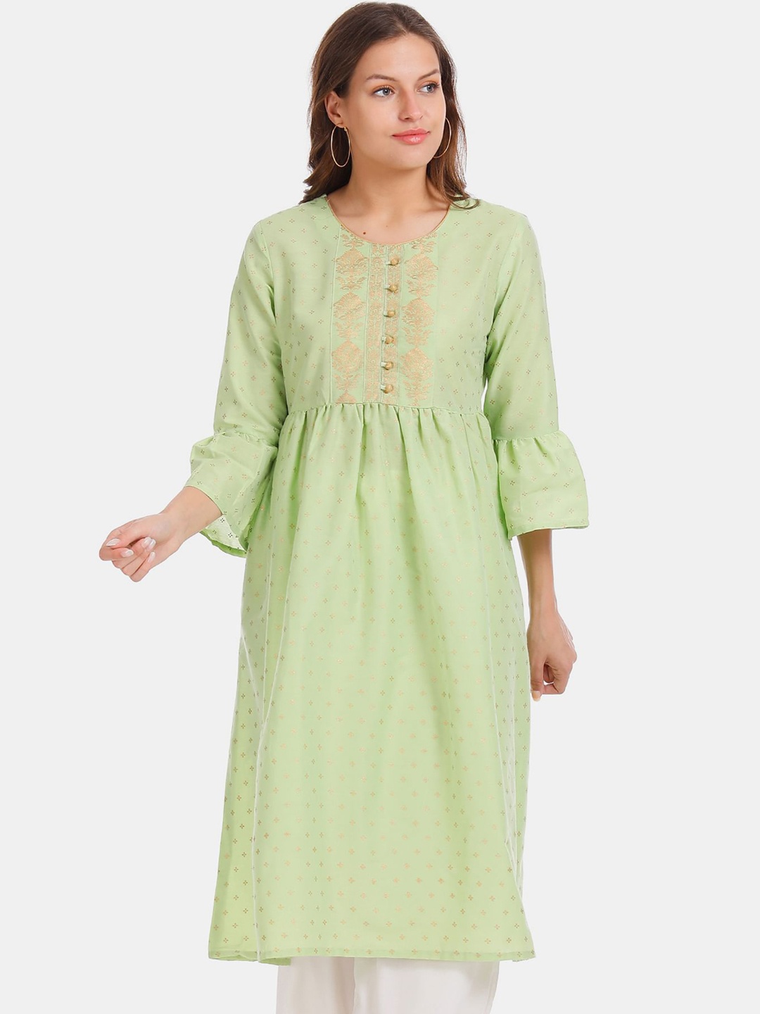 

Karigari Women Sea Green & Gold-Toned Ethnic Motifs Printed Flared Sleeves Kurta