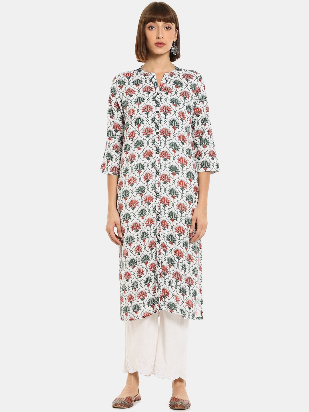 

Karigari Women Off White Floral Printed Keyhole Neck Gotta Patti Kurta