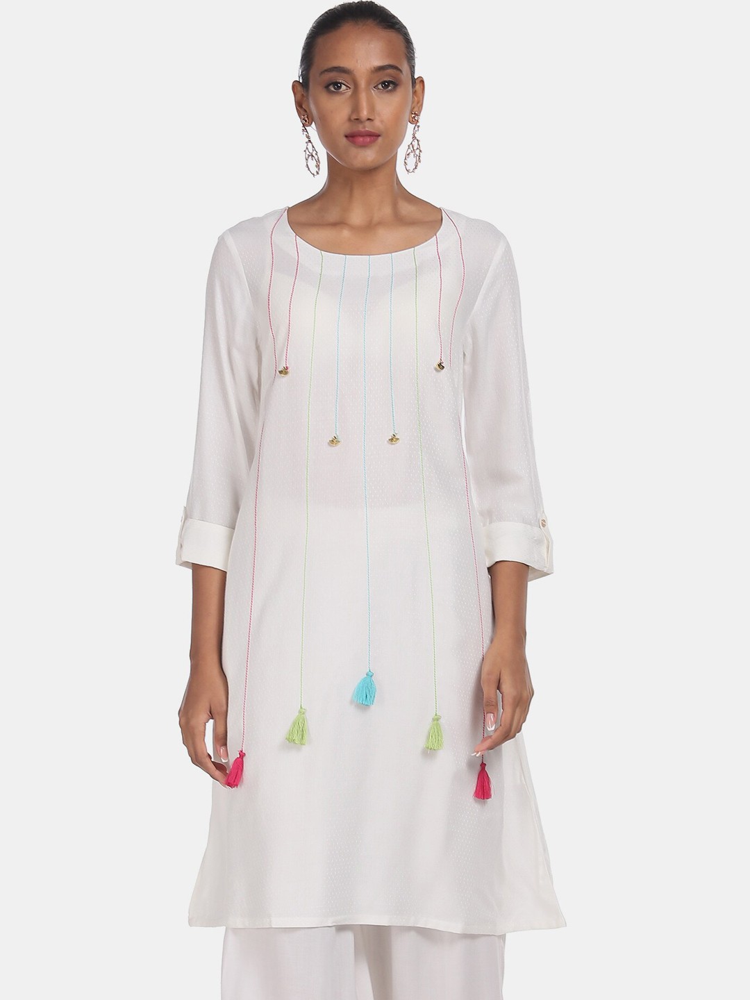 

Karigari Women White & Pink Embroidered A-line Kurta