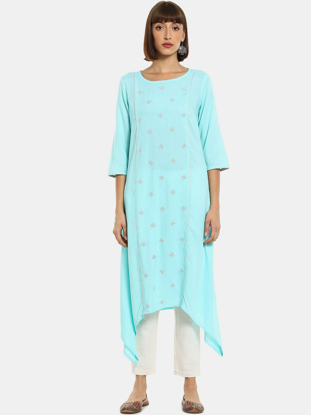 

Karigari Women Blue & Silver-Toned Ethnic Motifs Embroidered A-line Kurta