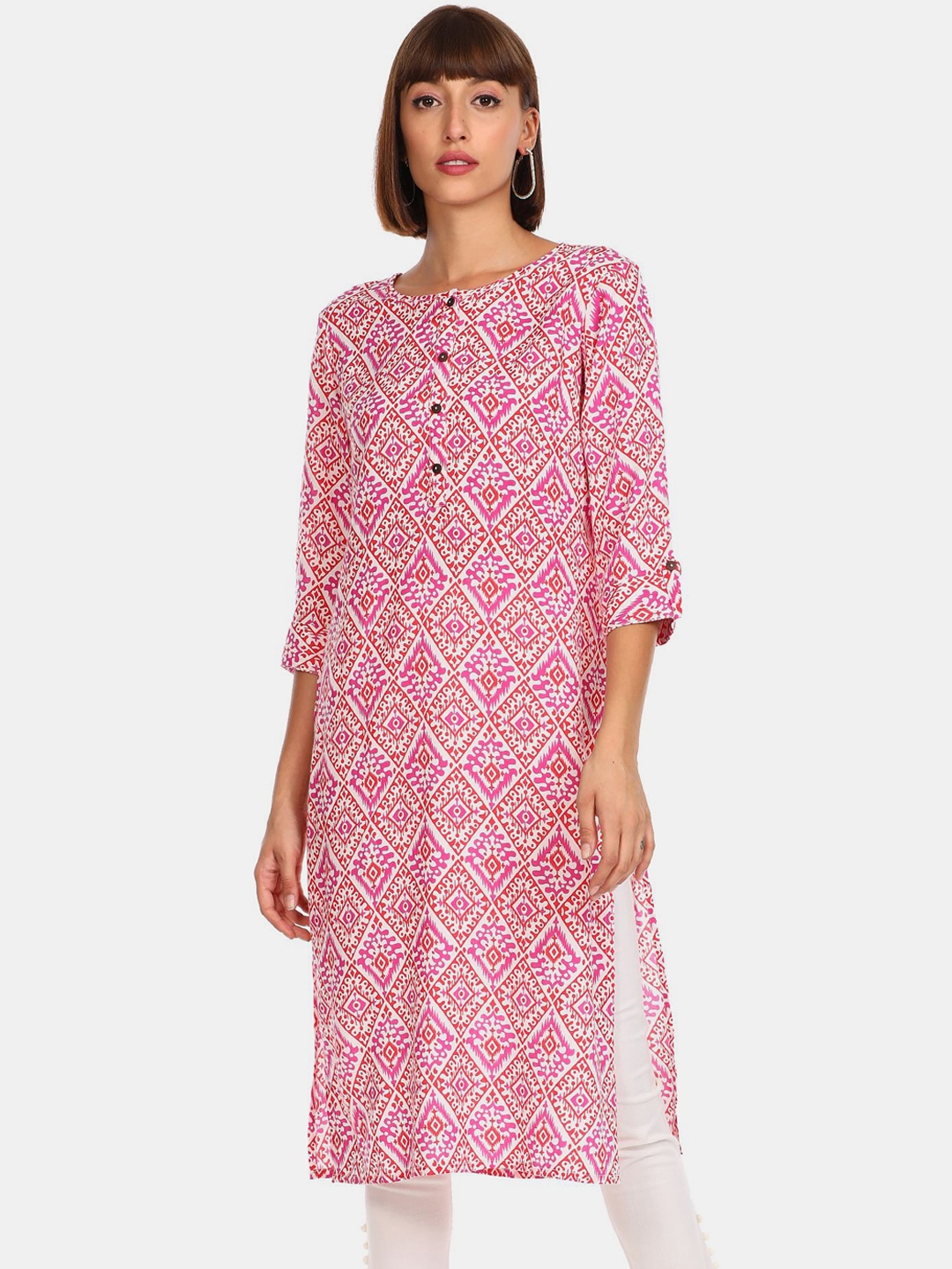 

Karigari Women Pink & White Geometric Printed Kurta