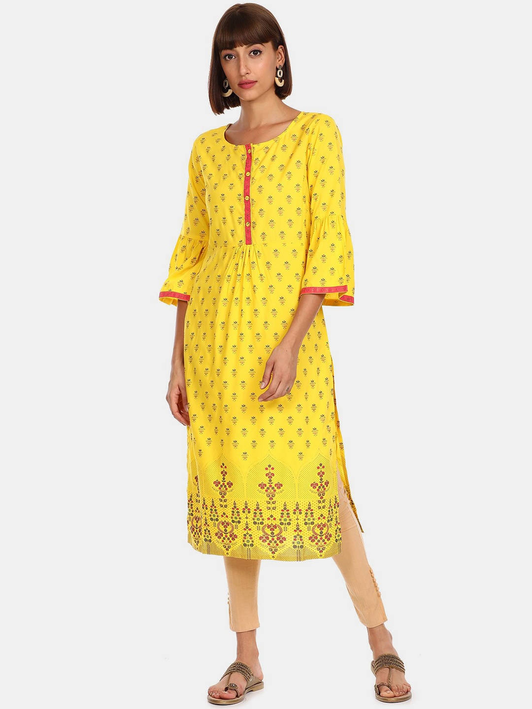 

Karigari Women Yellow & Pink Ethnic Motifs Printed Straight Kurta