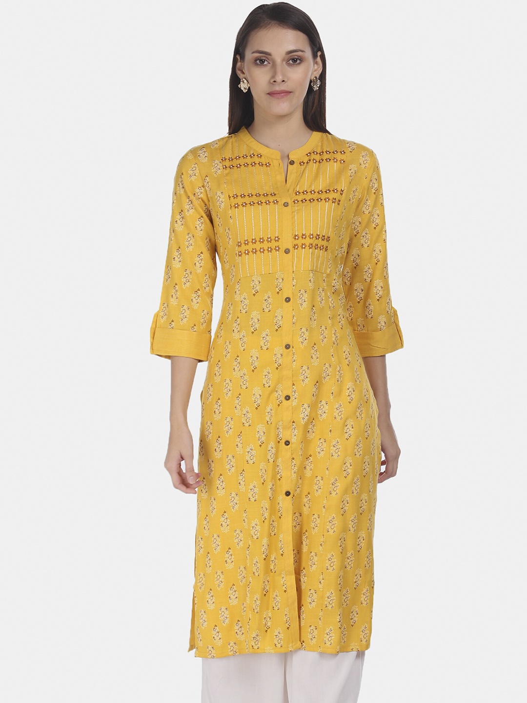 

Karigari Women Yellow & White Floral Printed Straight Kurta