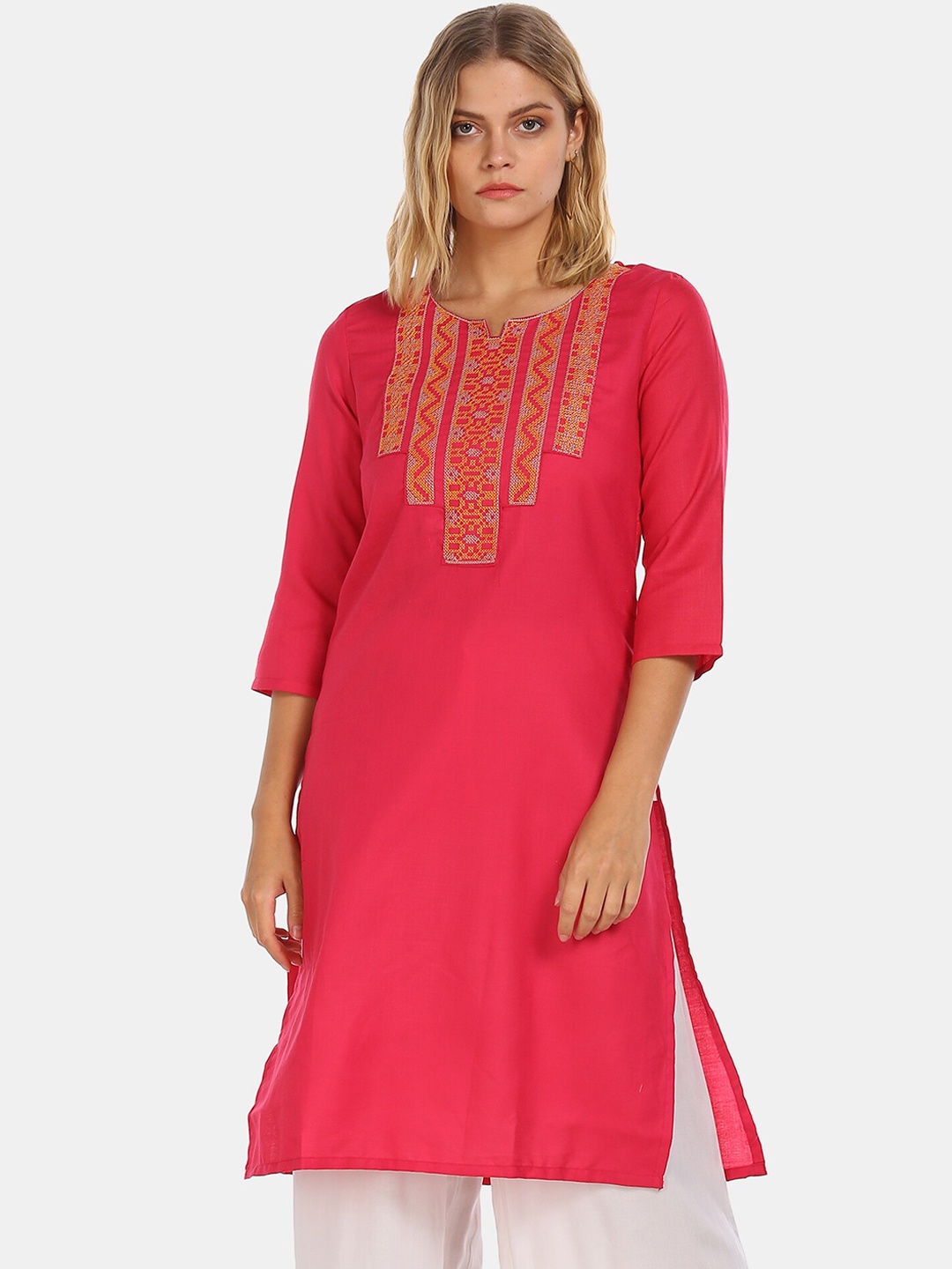 

Karigari Women Pink & Orange Yoke Design Embroidered Straight Kurta