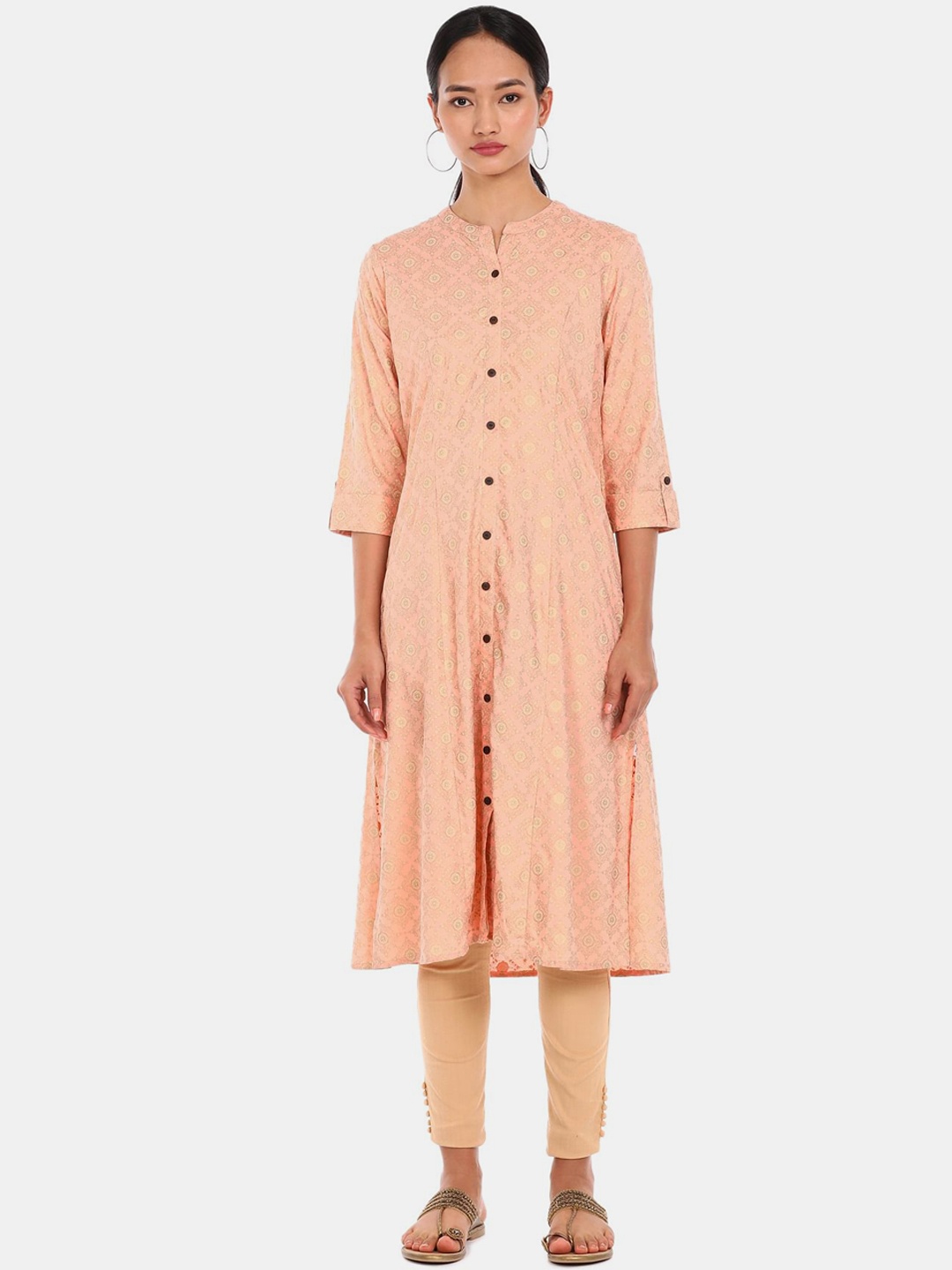 

Karigari Women Peach-Coloured & Yellow Ethnic Motifs Printed A-line Kurta