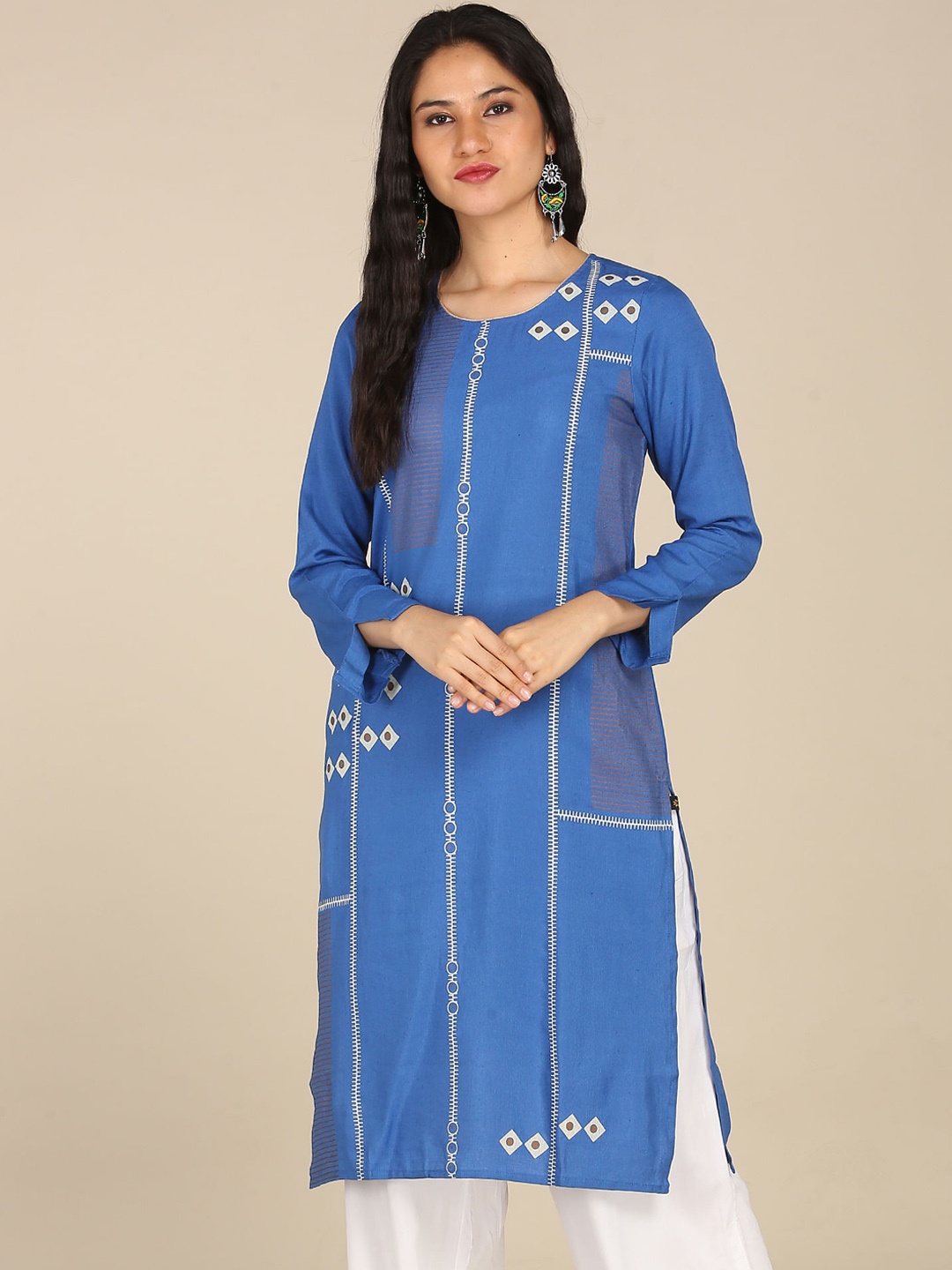 

Karigari Women Blue & White Geometric Printed Kurta