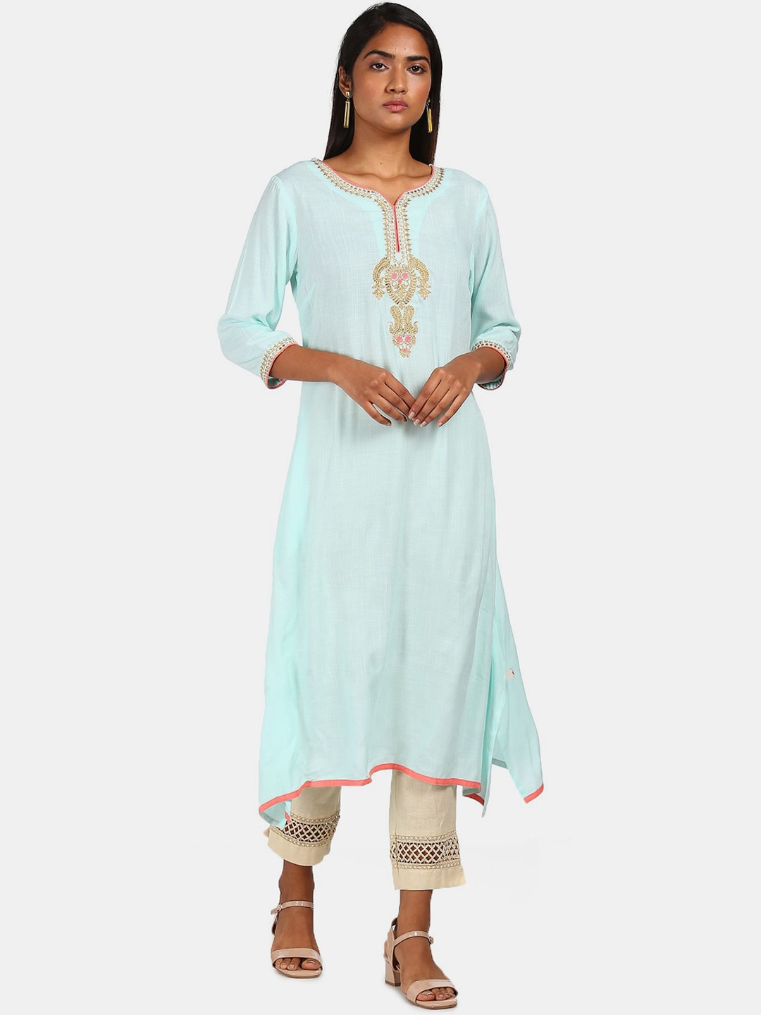 

Karigari Women Blue & Gold-Toned Ethnic Motifs Embroidered Thread Work Kurta