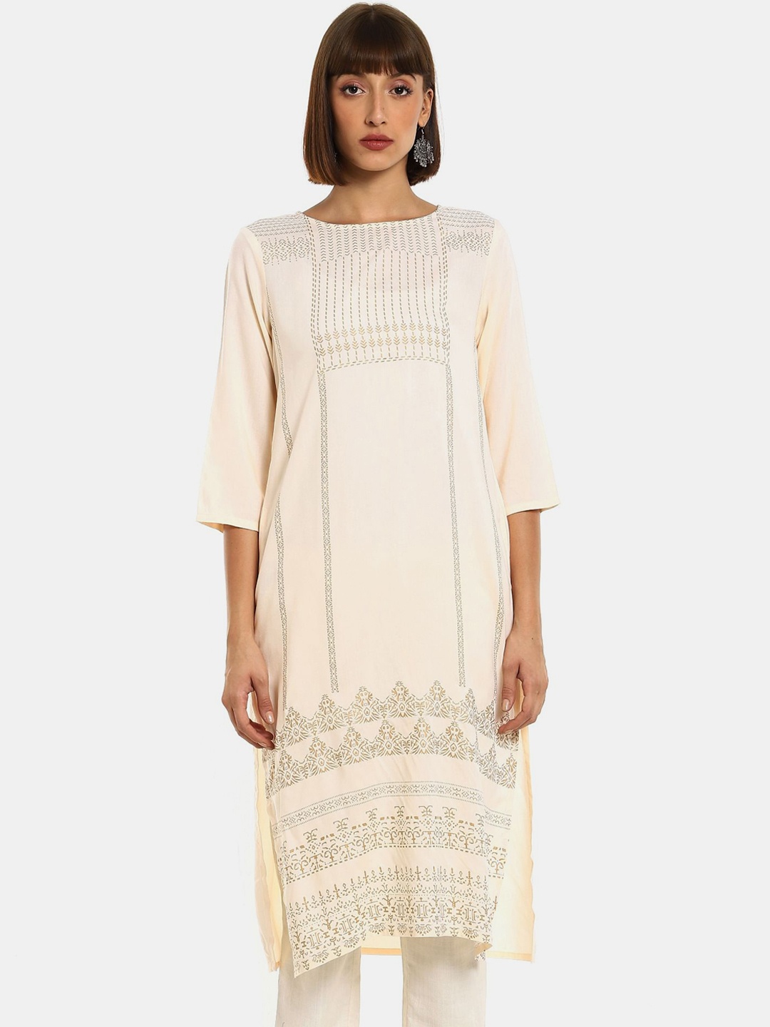 

Karigari Women Beige & Gold-Toned Ethnic Motifs Printed Kurta