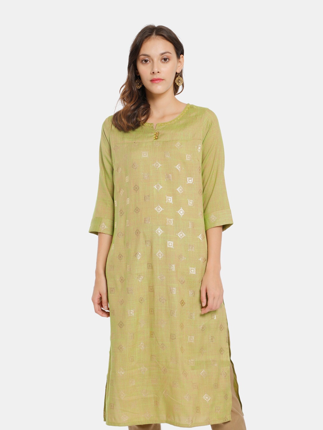 

Karigari Women Yellow & Gold-Toned Ethnic Motifs Printed Straight Kurta