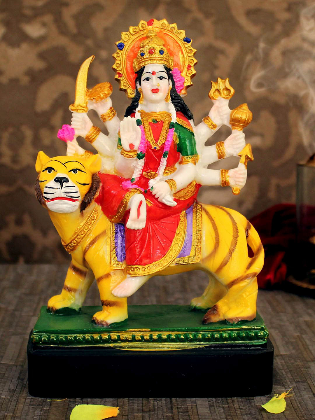 

TIED RIBBONS Yellow & Red Nav Durga Devi Idol Showpiece