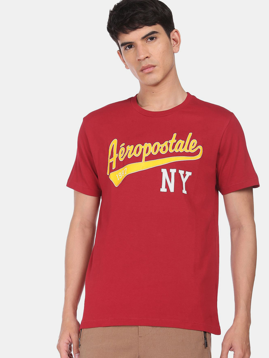 

Aeropostale Men Red & Yellow Typography Printed Cotton T-shirt