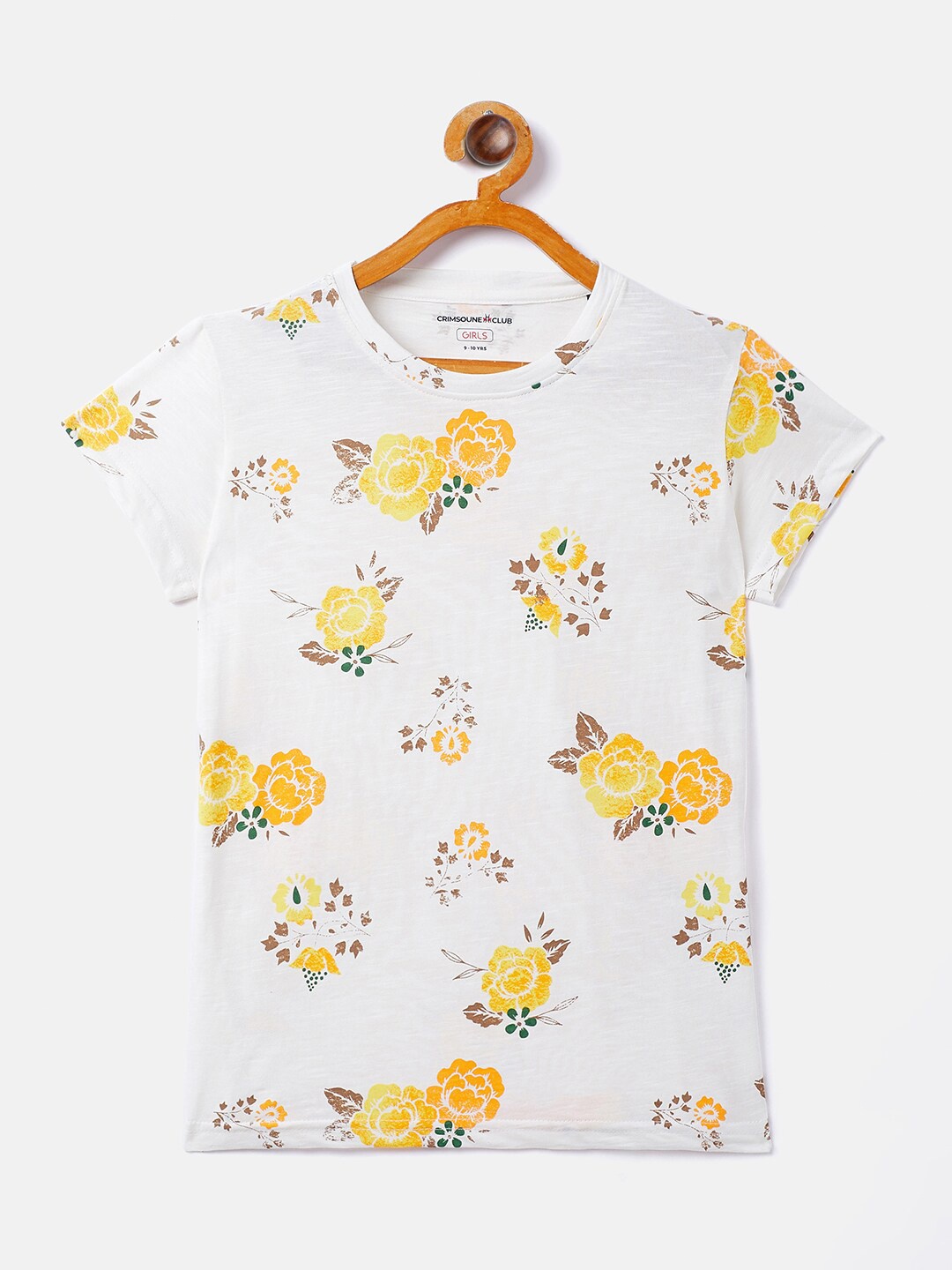 

Crimsoune Club Girls Off White Yellow Floral Printed Pure Cotton T-shirt