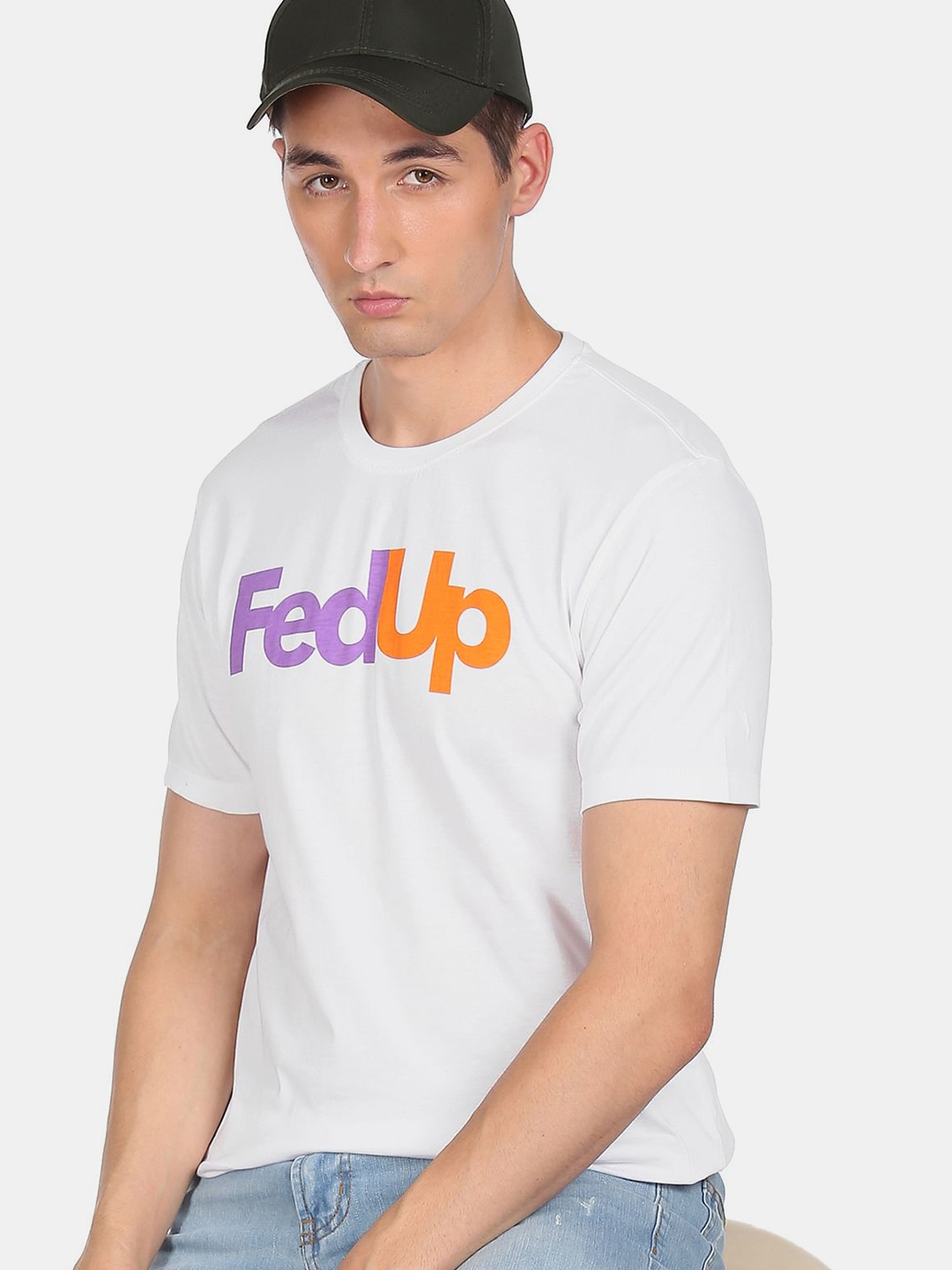 

Flying Machine Men White & Purple Typography Printed Cotton T-shirt