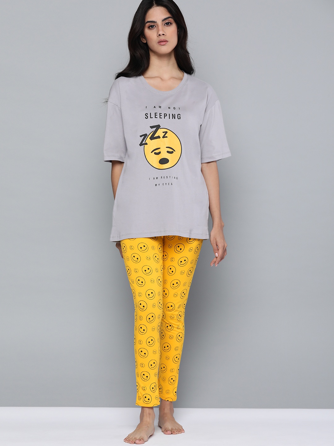 

Kook N Keech Emoji Women Grey & Yellow Pure Cotton Printed Pyjama Set