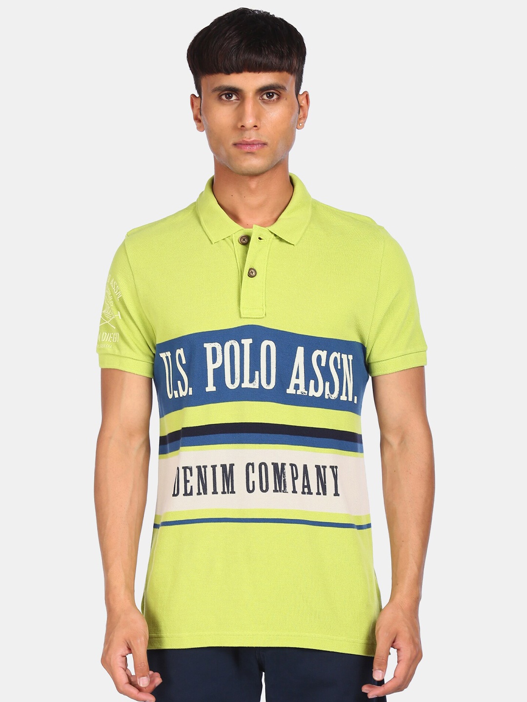 

U.S. Polo Assn. Denim Co. Men Green Typography Polo Collar Pure Cotton T-shirt