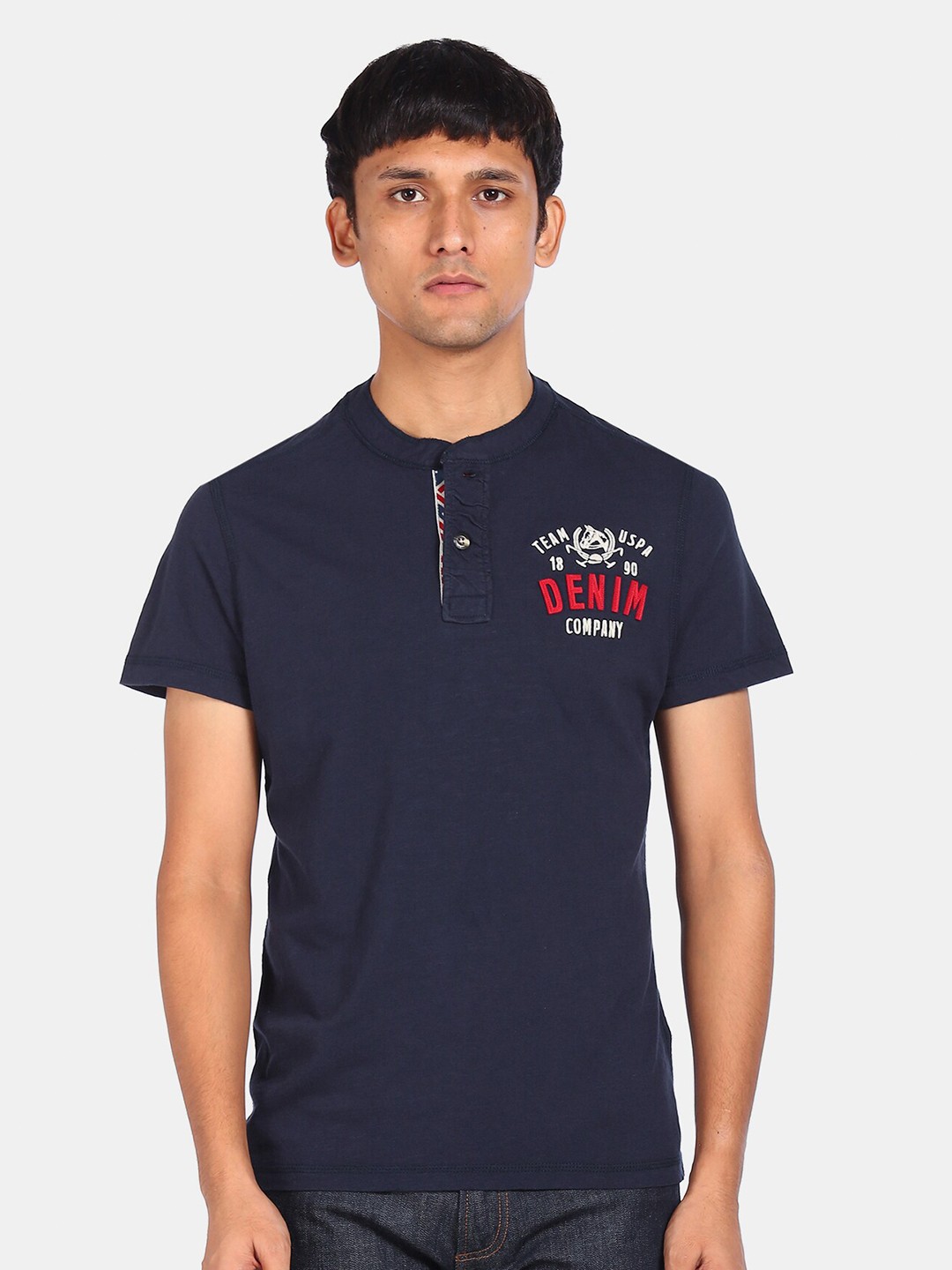 

U.S. Polo Assn. Denim Co. Men Blue Typography Henley Neck Applique Pure Cotton T-shirt