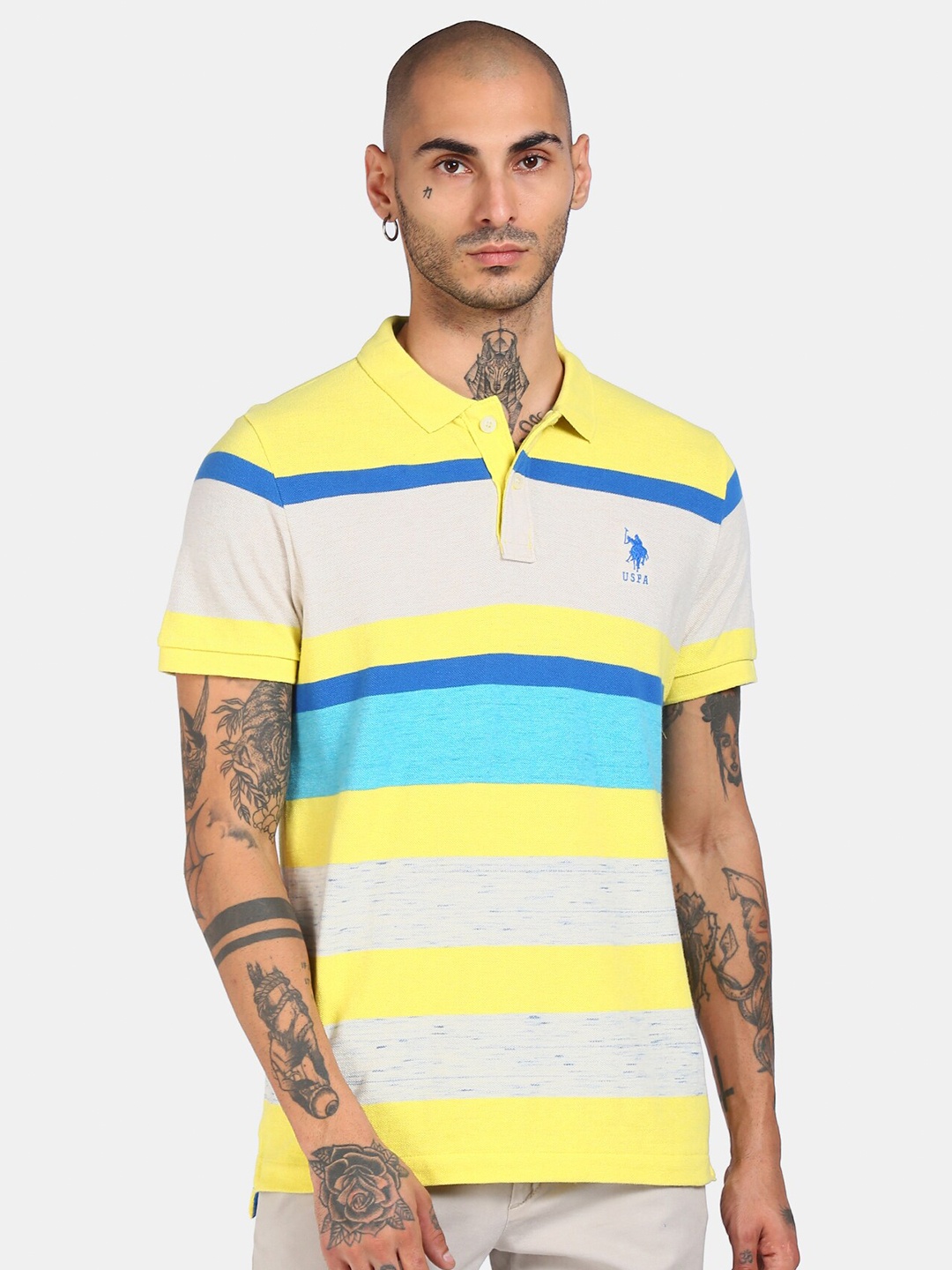 

U S Polo Assn. Men Yellow Striped Polo Collar Pure Cotton T-shirt