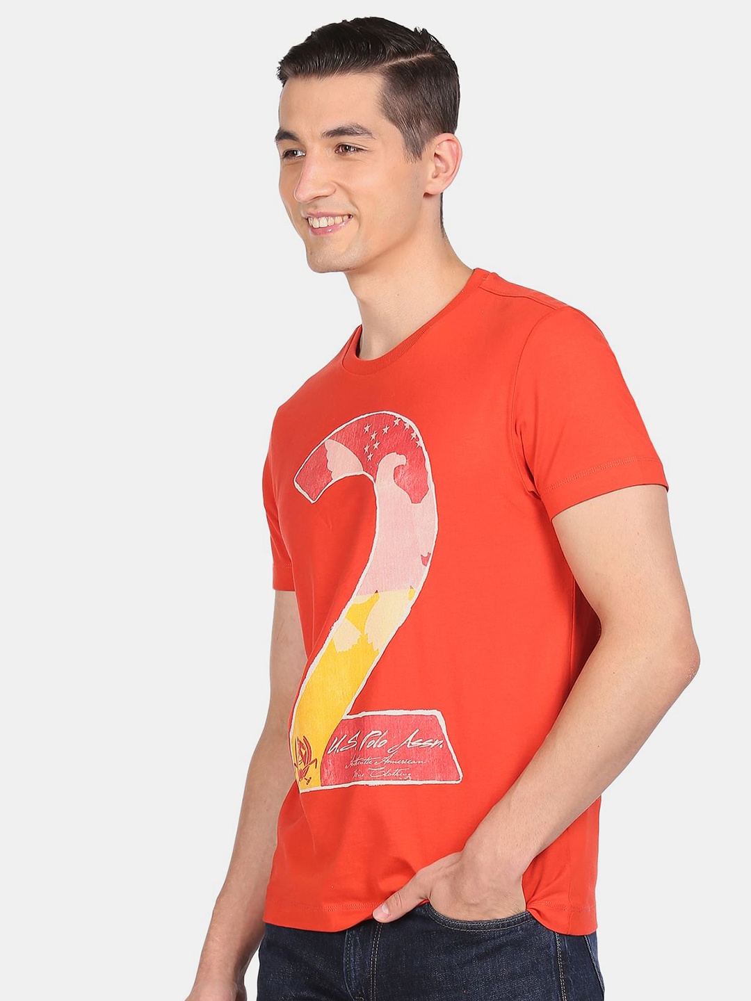 

U.S. Polo Assn. Denim Co. Men Orange Printed Pure Cotton T-shirt