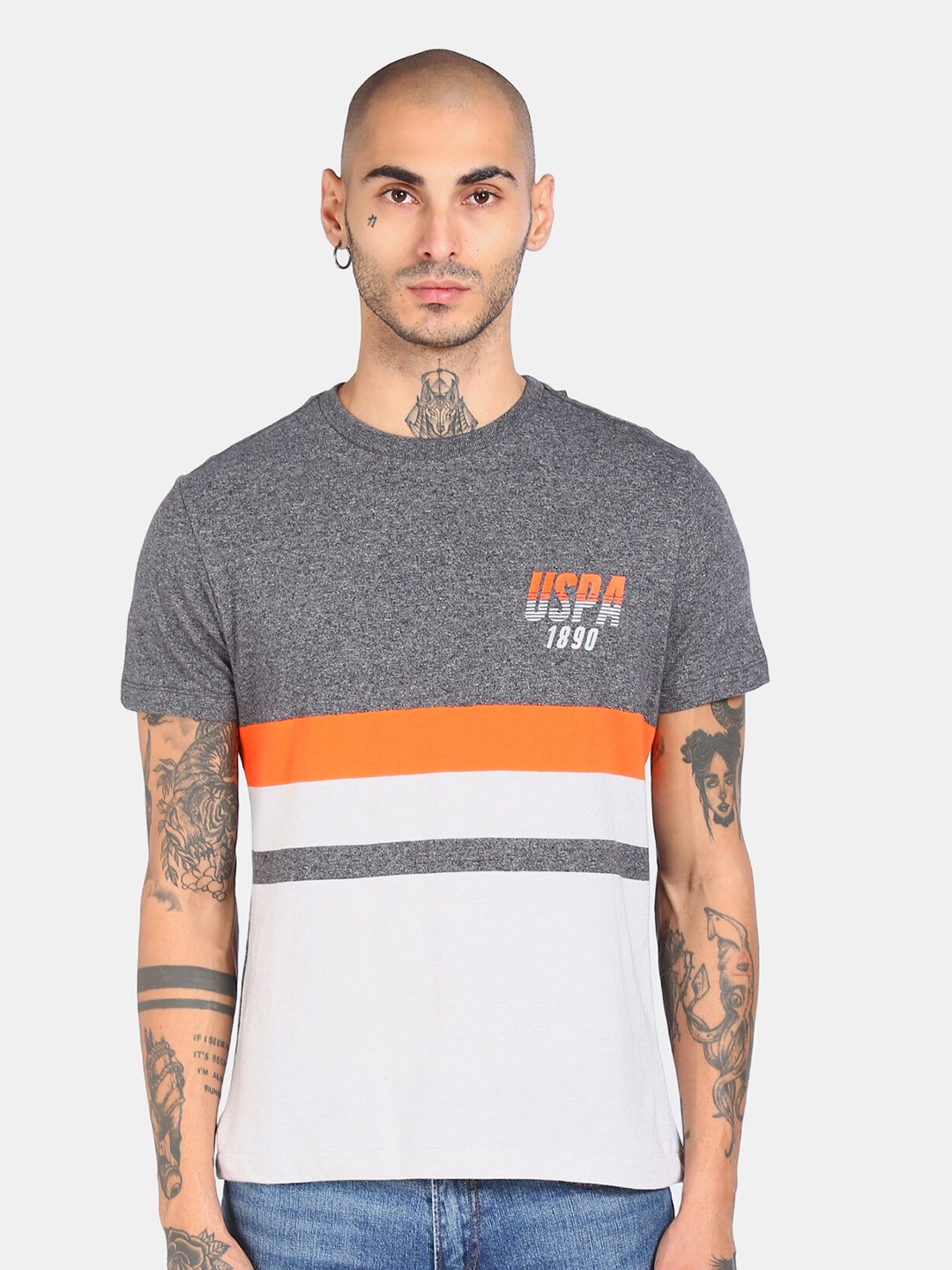 

U.S. Polo Assn. Denim Co. Men Grey Colourblocked Pure Cotton T-shirt