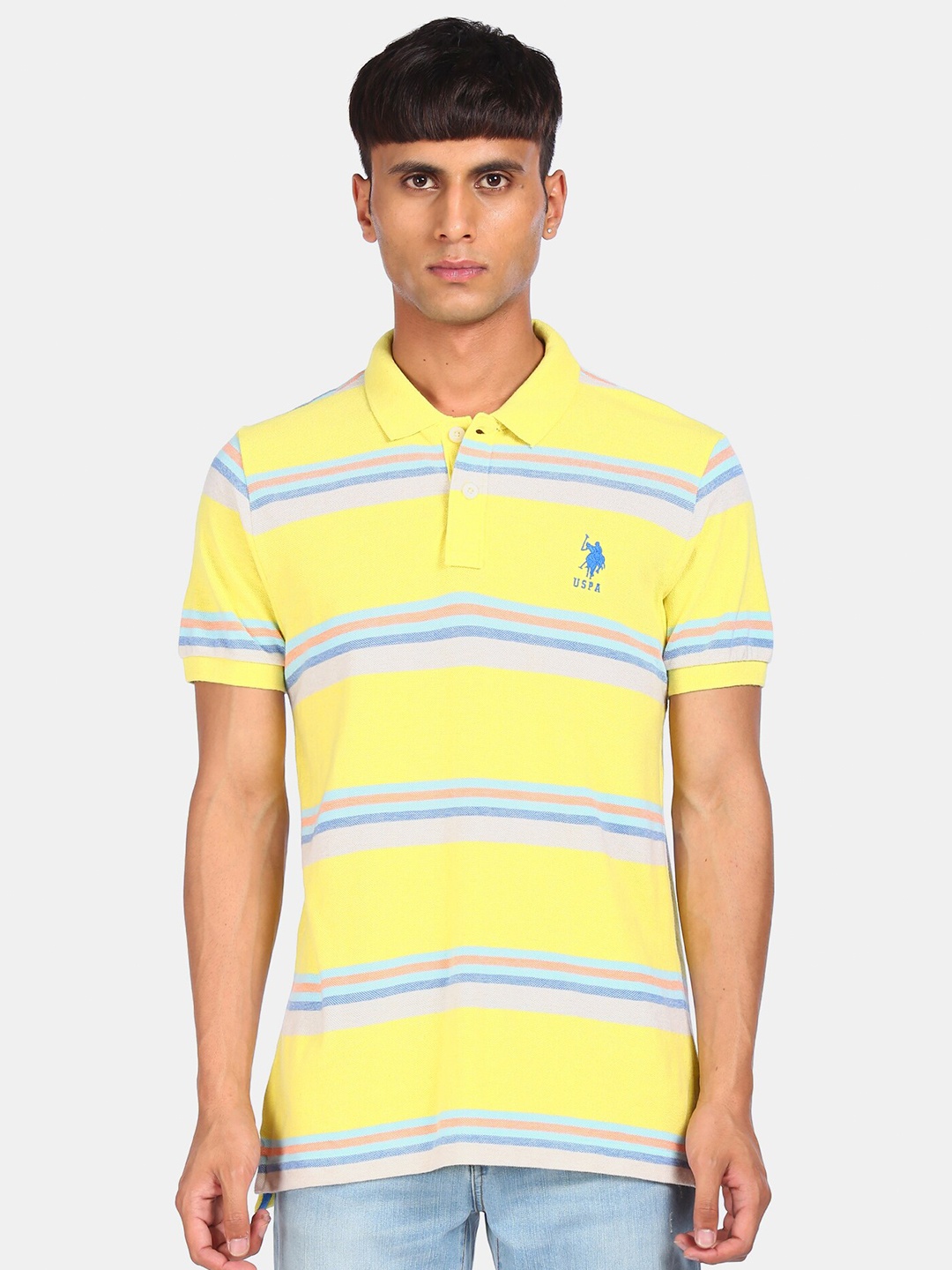

U S Polo Assn. Men Yellow Striped Pure Cotton T-shirt