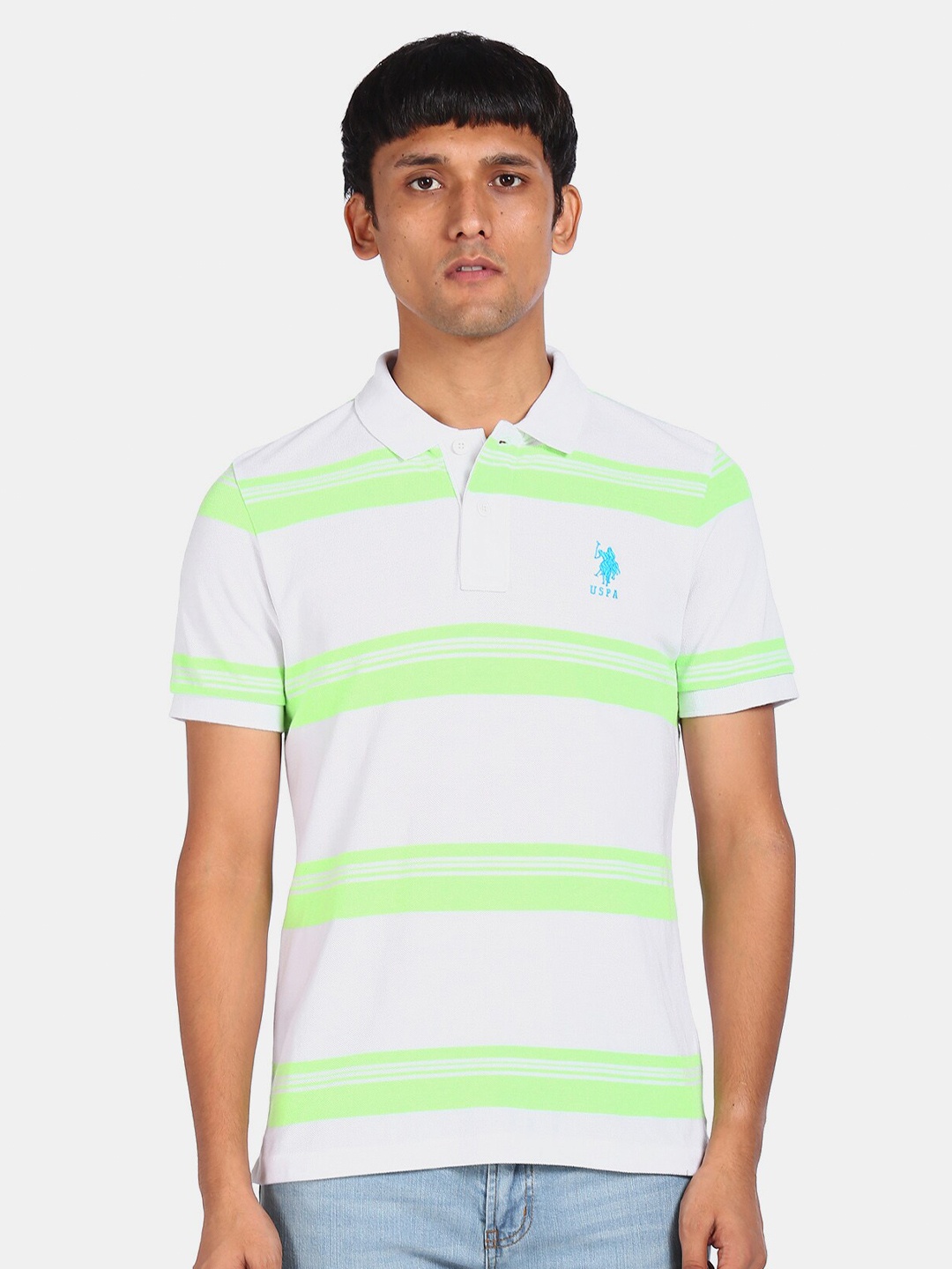 

U S Polo Assn. Men Green Striped Polo Collar Pure Cotton T-shirt