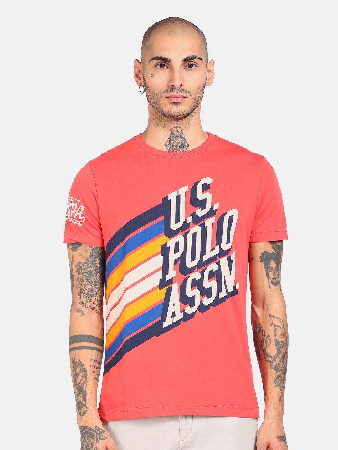 

U.S. Polo Assn. Denim Co. Men Orange Typography Printed Pure Cotton T-shirt