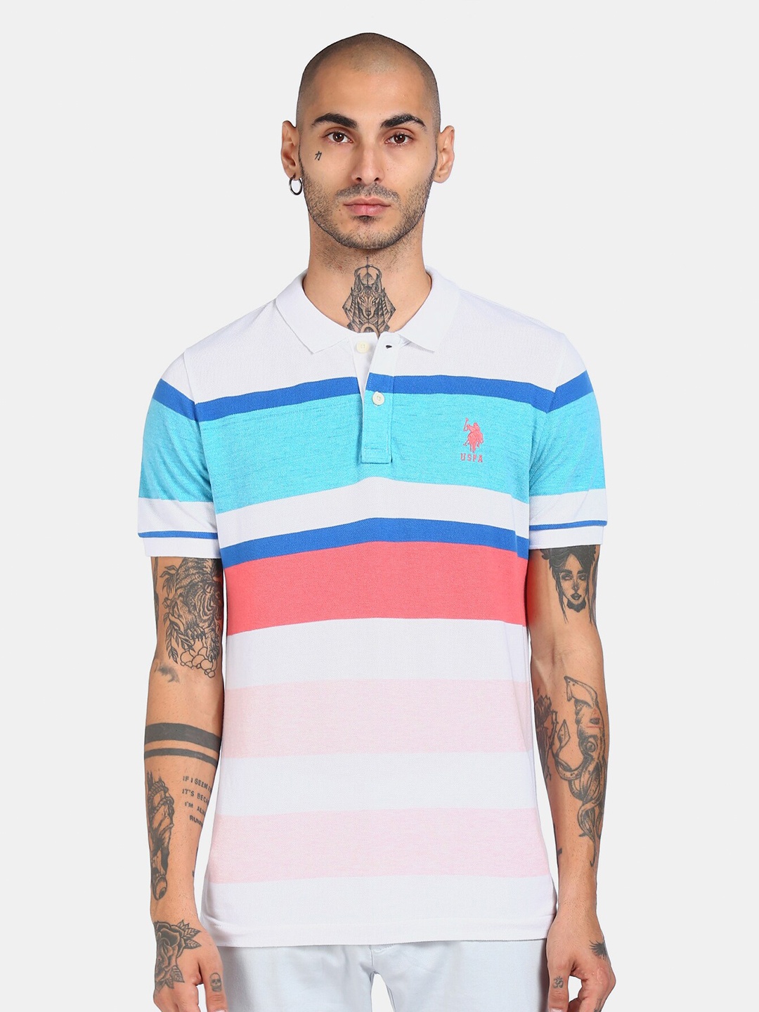 

U S Polo Assn. Men Multicoloured Striped Pure Cotton T-shirt, Multi