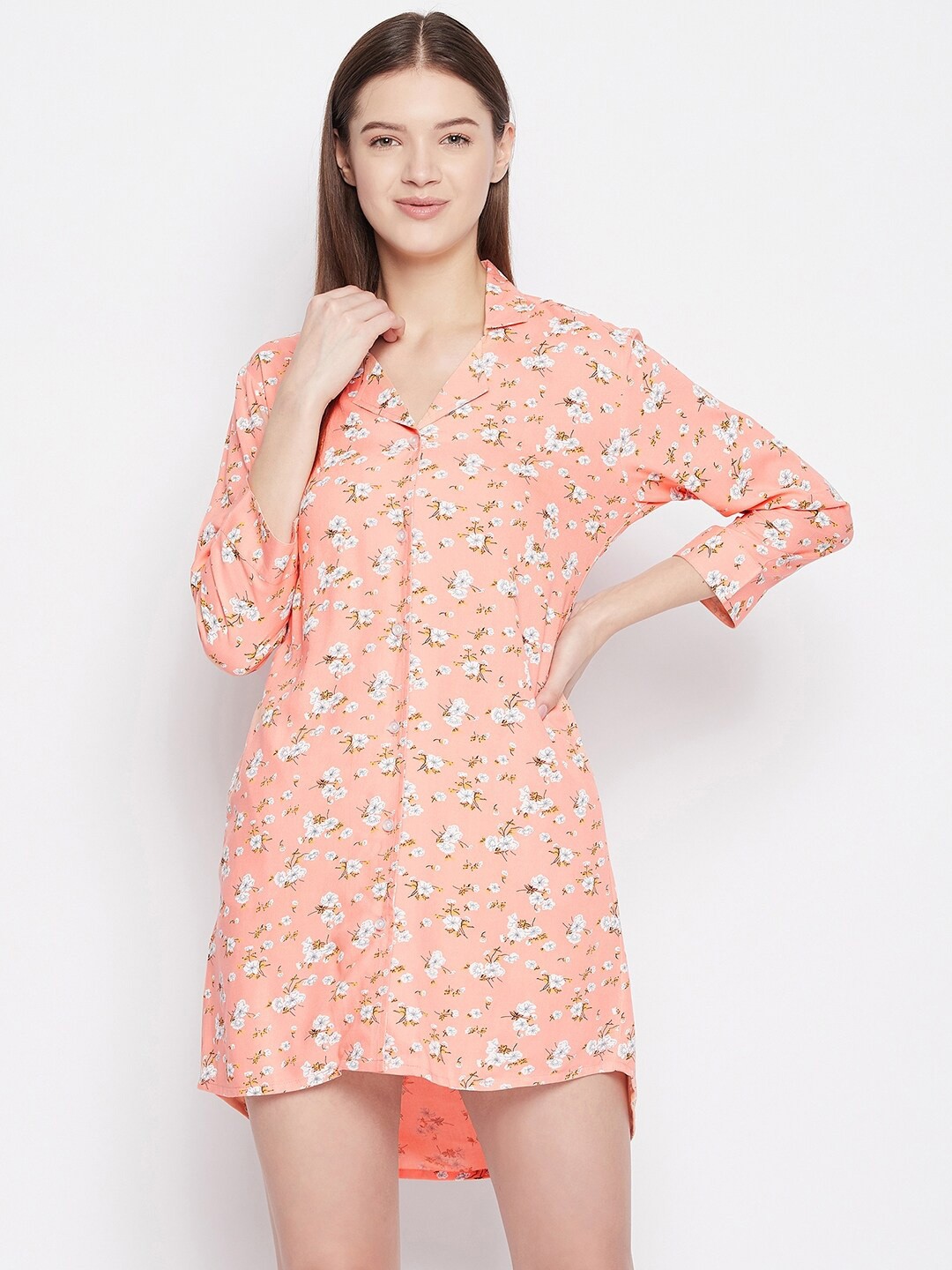 

Hypernation Women Peach Floral Printed Rayon Nightdress