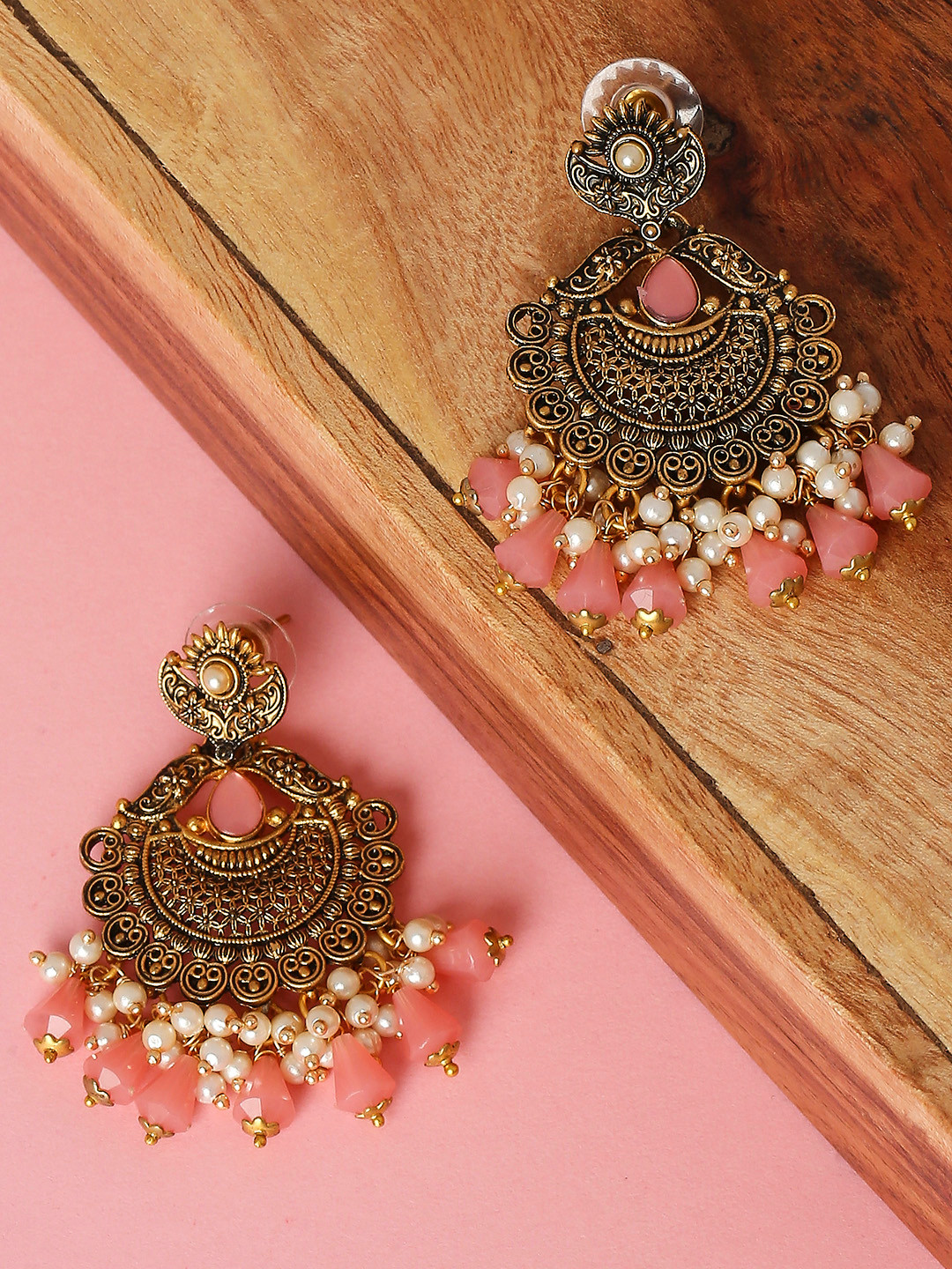 

OOMPH Gold-Toned & Pink Crescent Shaped Drop Earrings