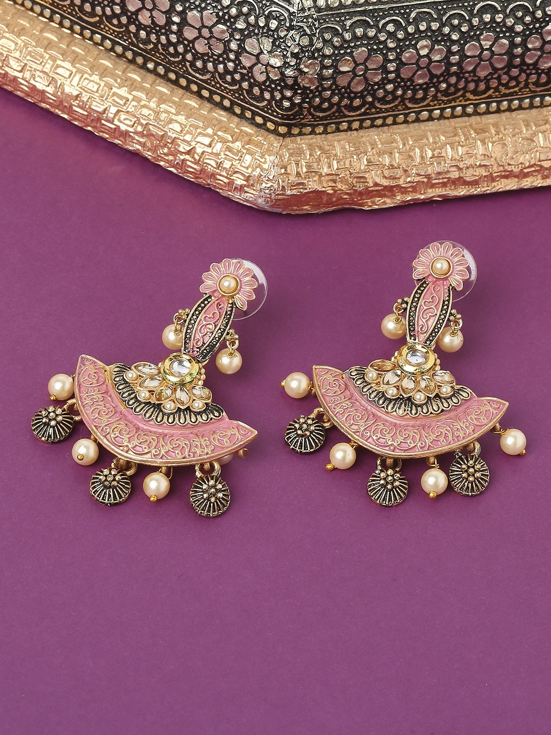 

OOMPH Pink Gold-Plated Floral Kundan Drop Earrings