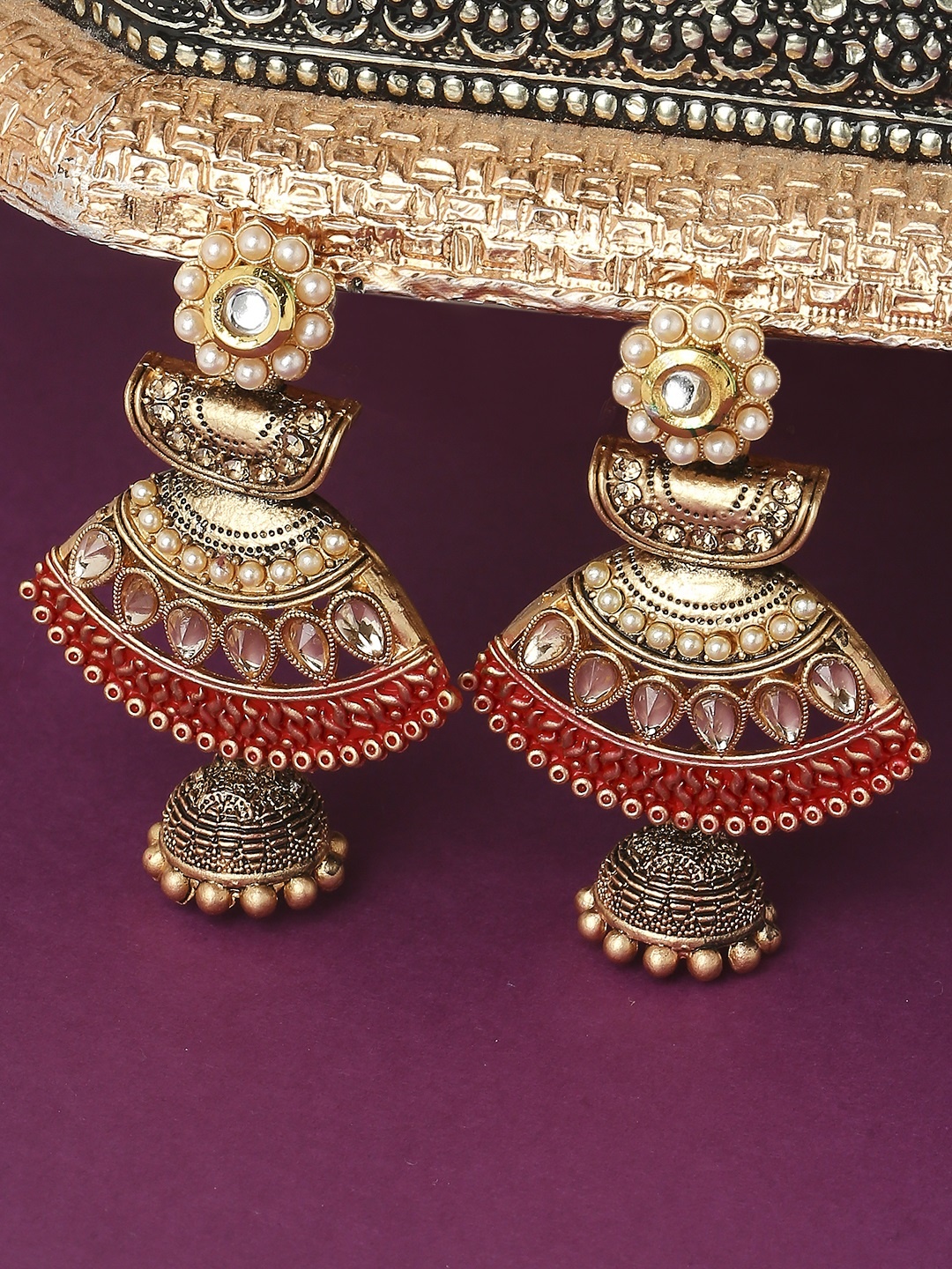 

OOMPH Red & Gold-Toned Floral Jhumkas Earrings