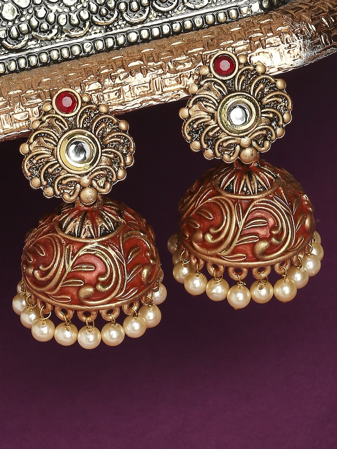 

OOMPH Red Contemporary Jhumkas Earrings