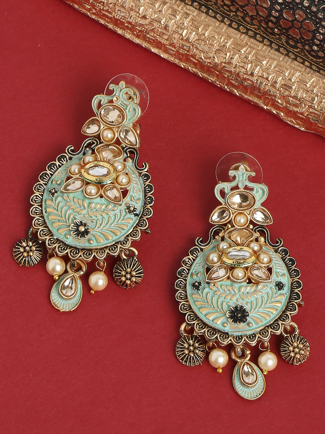 

OOMPH Gold-Toned & Green Floral Jhumkas Earrings