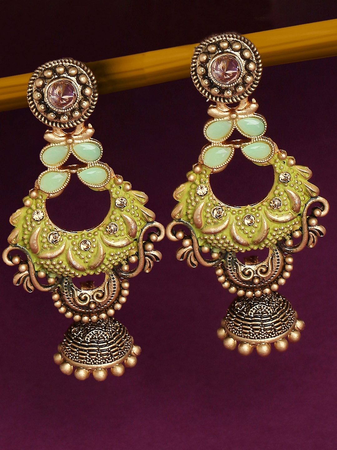 

OOMPH Gold-Plated Gold-Toned Green Meenakari & Kundan Pearls Contemporary Jhumkas Earrings