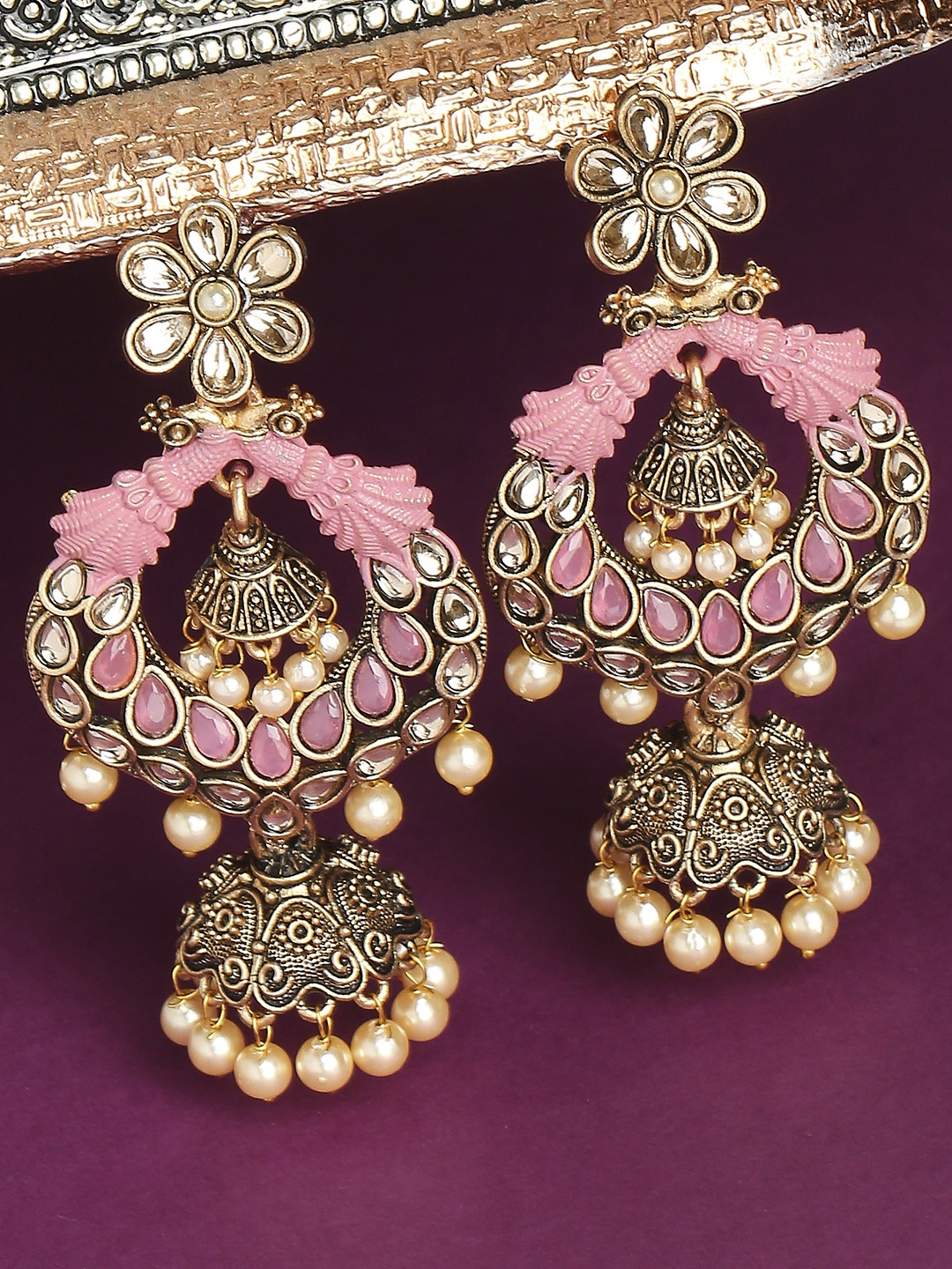

OOMPH Pink & Gold-Toned Peacock Shaped Jhumkas Earrings