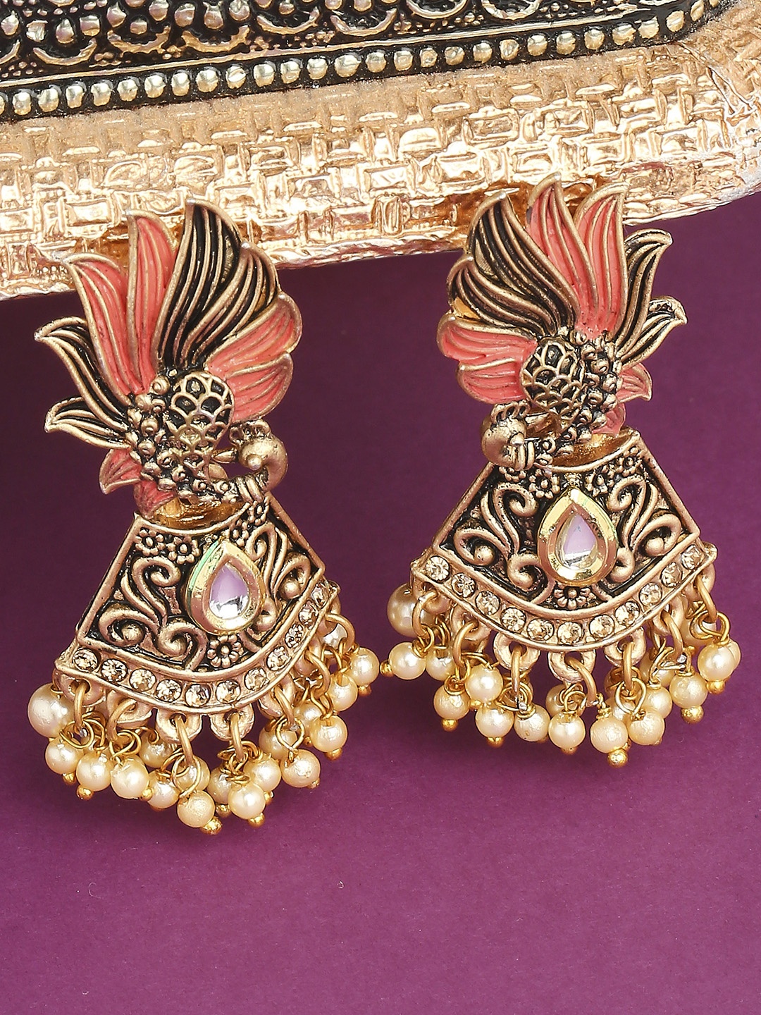 

OOMPH Pink Gold-Plated Peacock Shaped Jhumkas Earrings