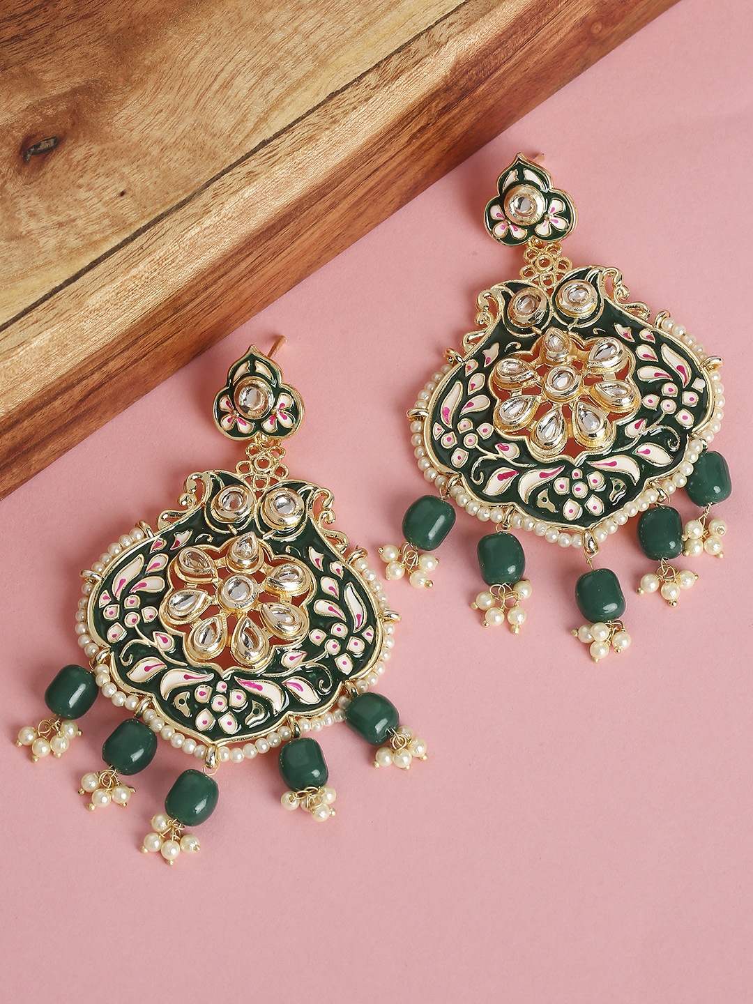 

OOMPH Green Floral Meenakari & Kundan Pearls Drop Earrings